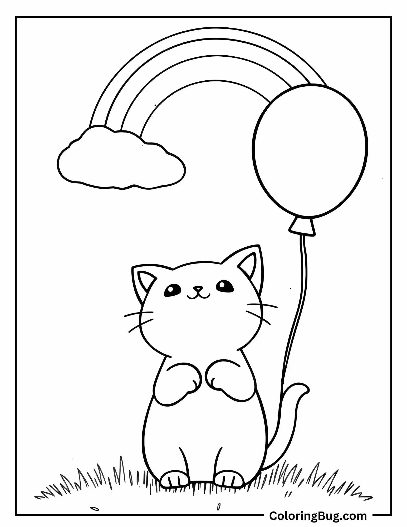 Kawaii Cat Playing With Balloon Coloring Sheet