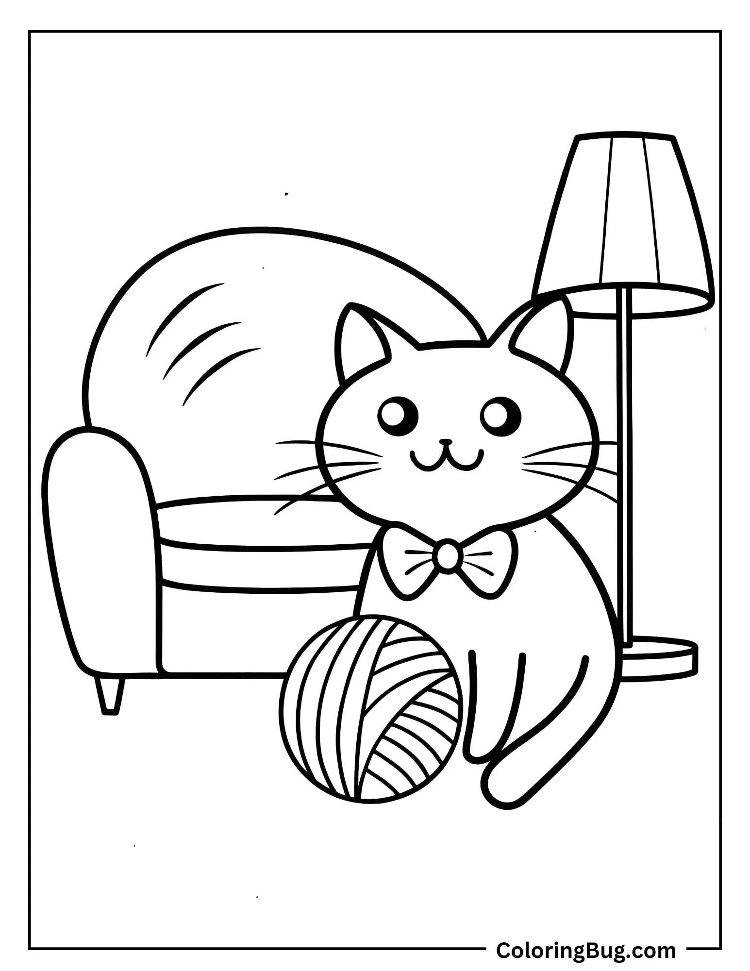 Kawaii Cat Playing With The Ball Of Yarn Coloring Sheet