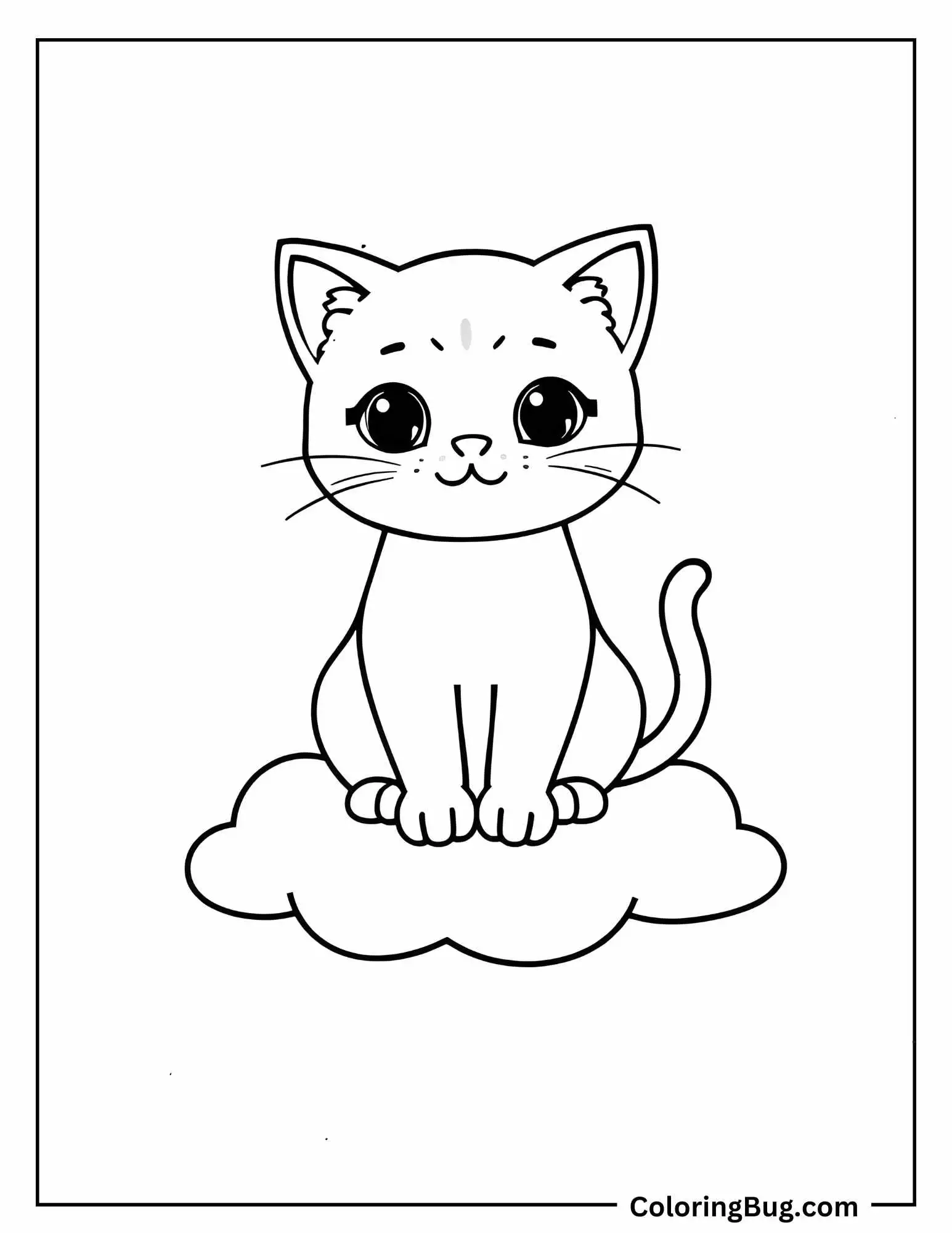 Kawaii Cat Sitting On Cloud Coloring Sheet