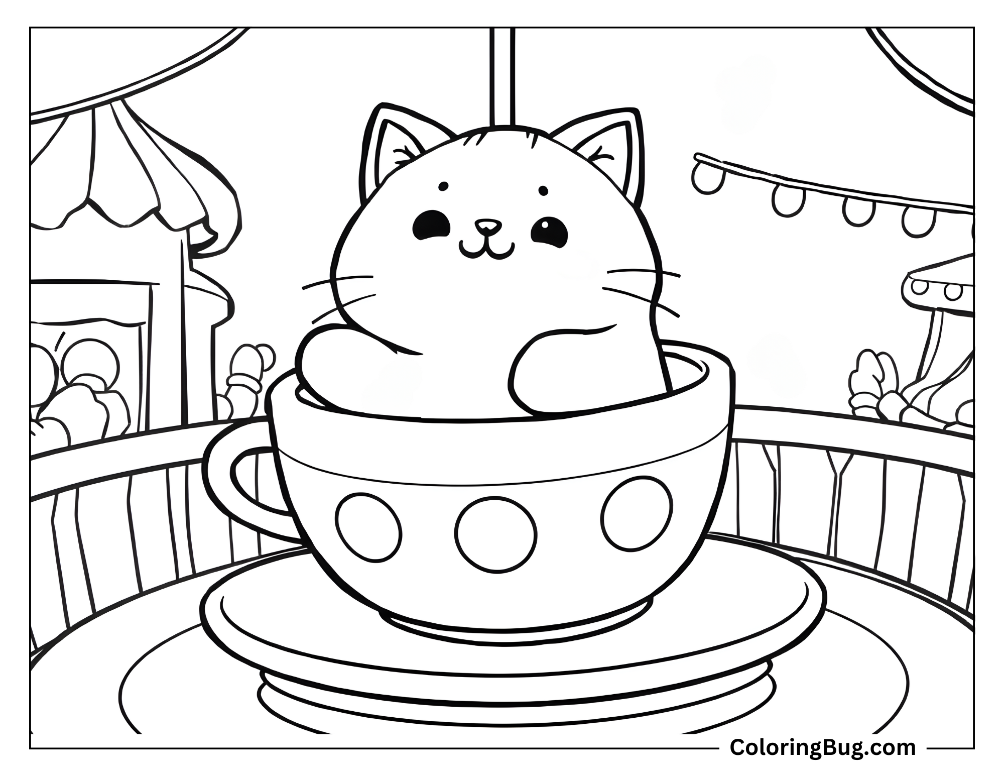 Kawaii Cat Spinning In Teacup Ride Coloring Sheet