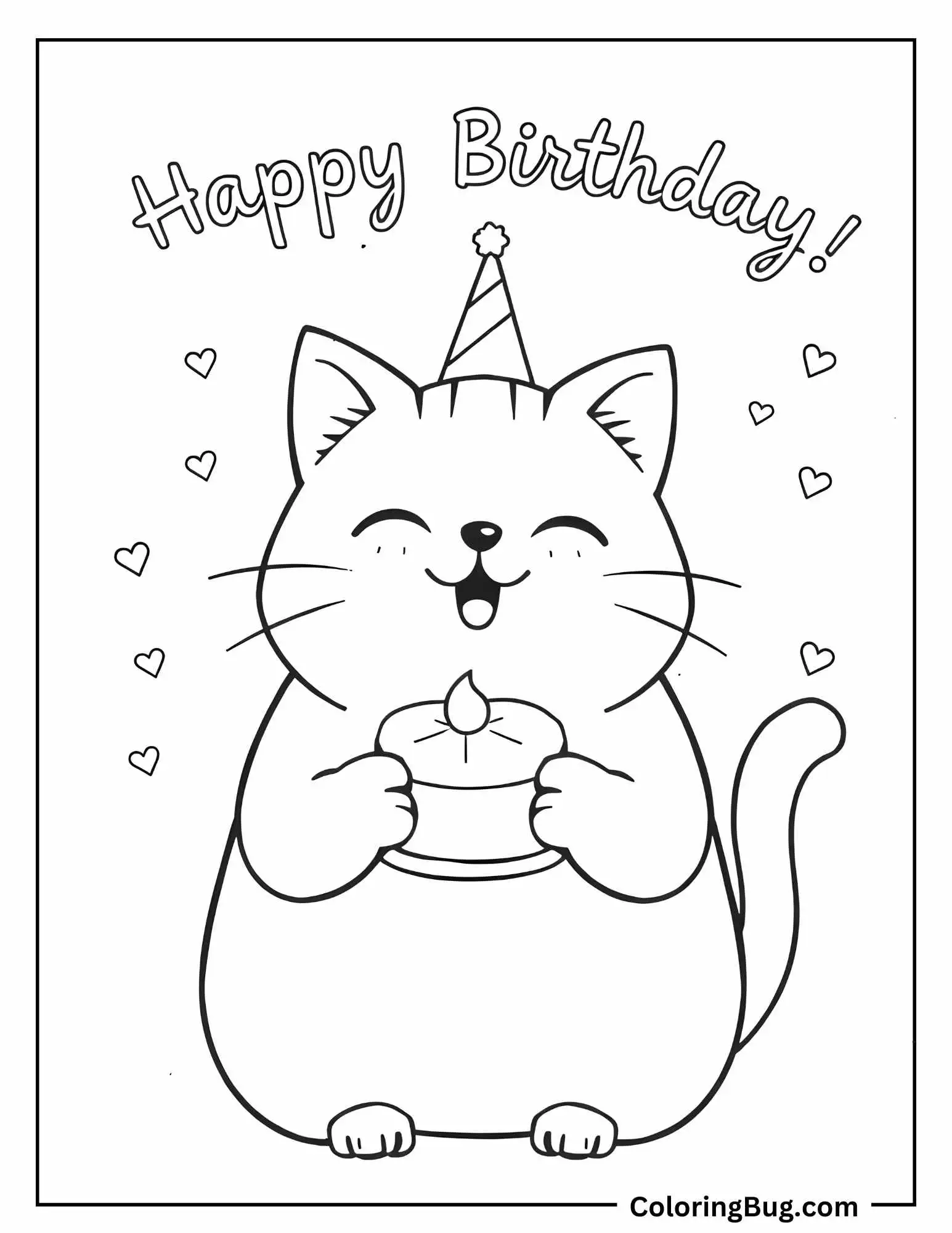 Kawaii Cat With Happy Birthday Text Coloring Sheet