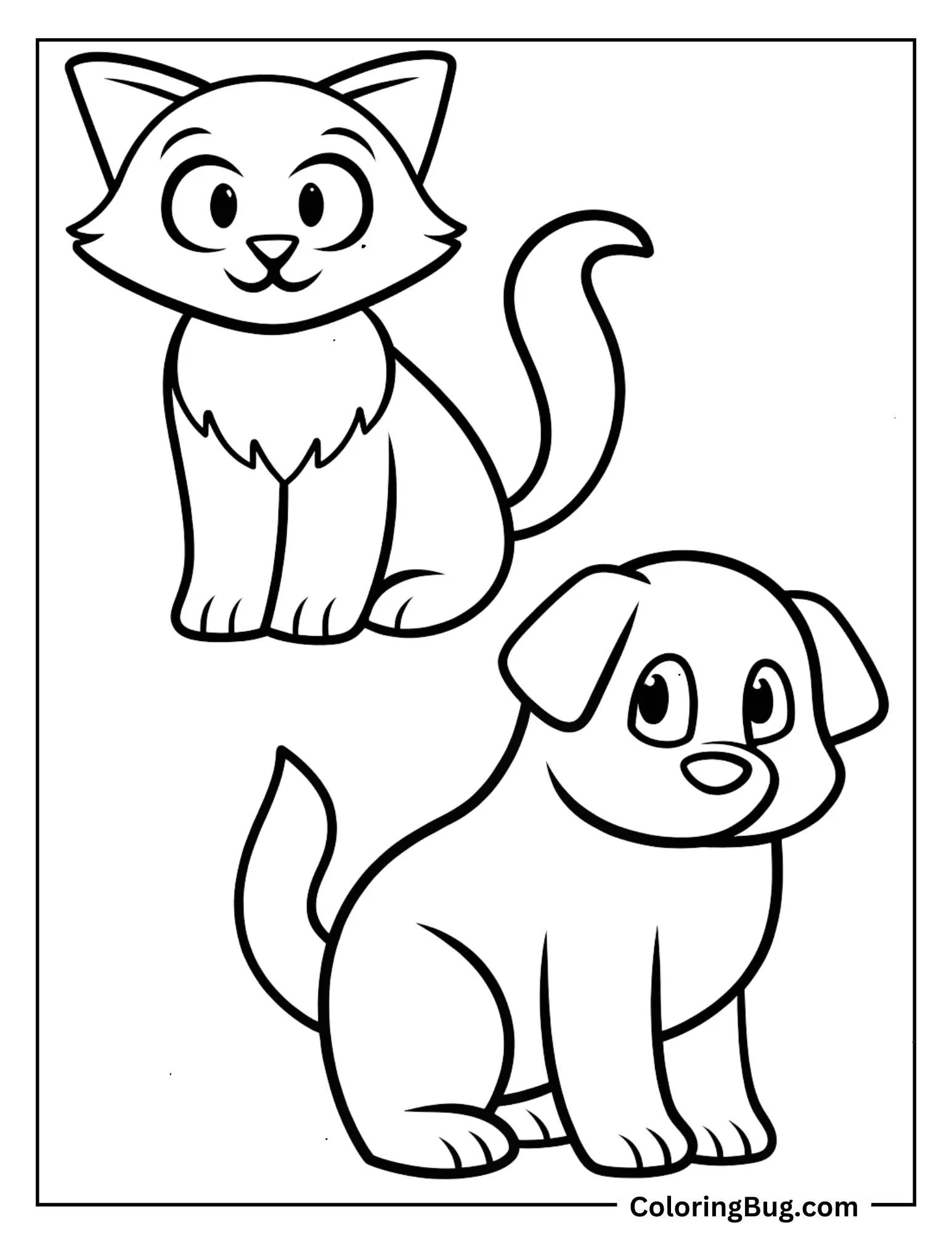 Kawaii Cat With Kawai Dog Coloring Sheet 