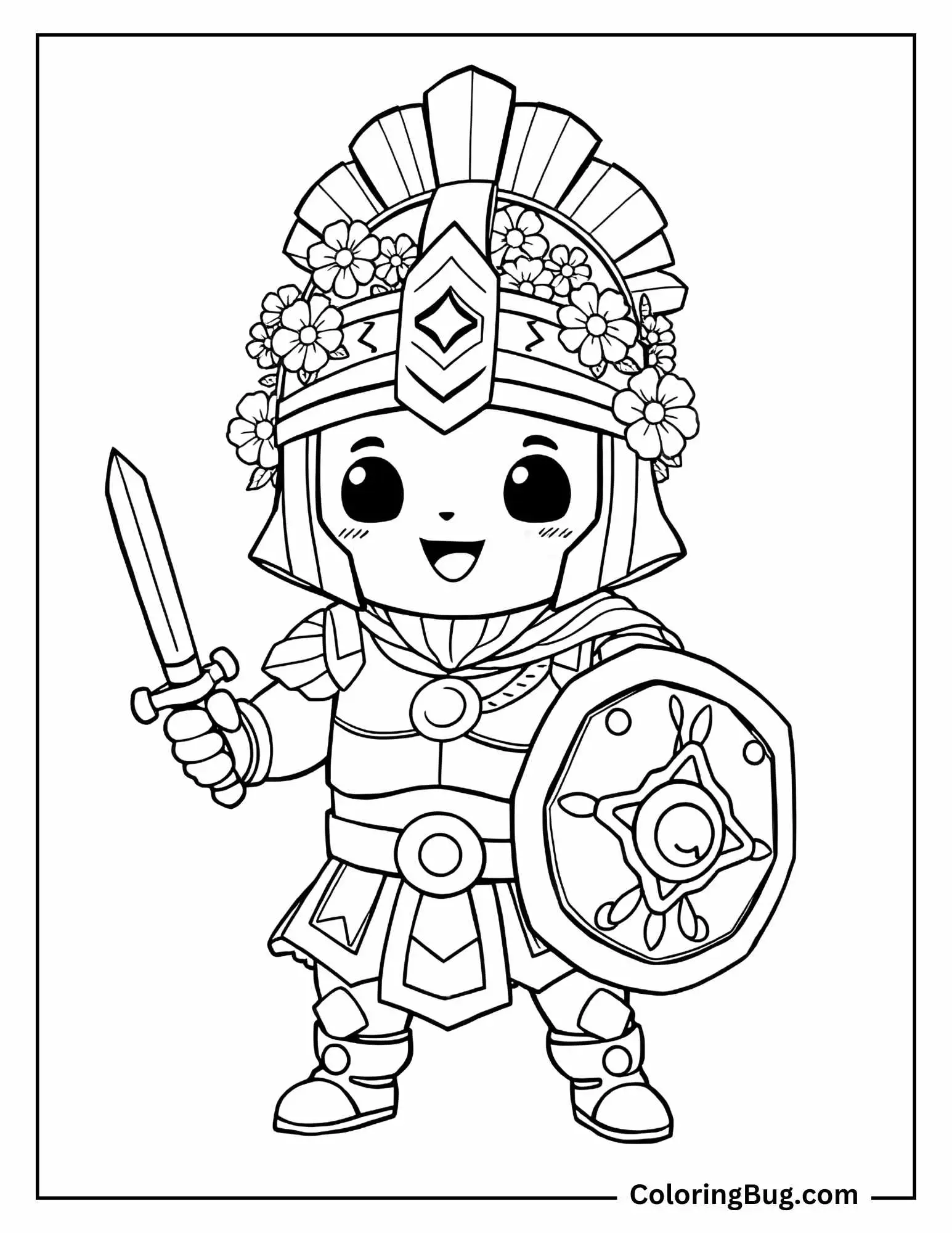 Kawaii Gladiator with Flowers Coloring Page