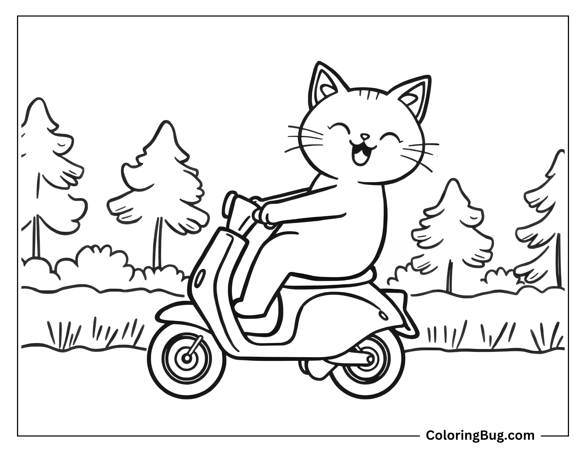 Kawaii Cat Riding Scooter Coloring Sheet