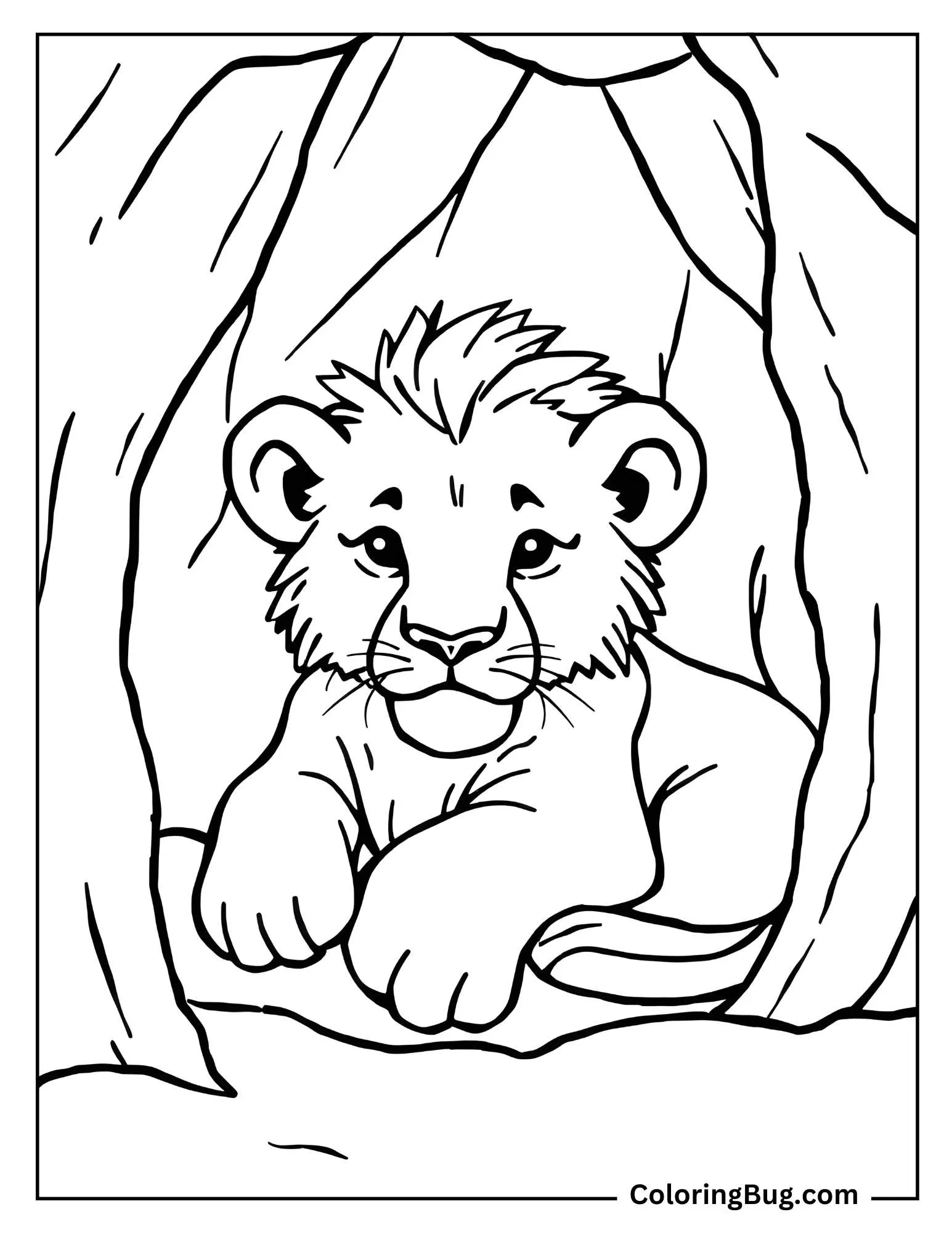 Lion Cub Resting in a Cozy Den Coloring Sheet