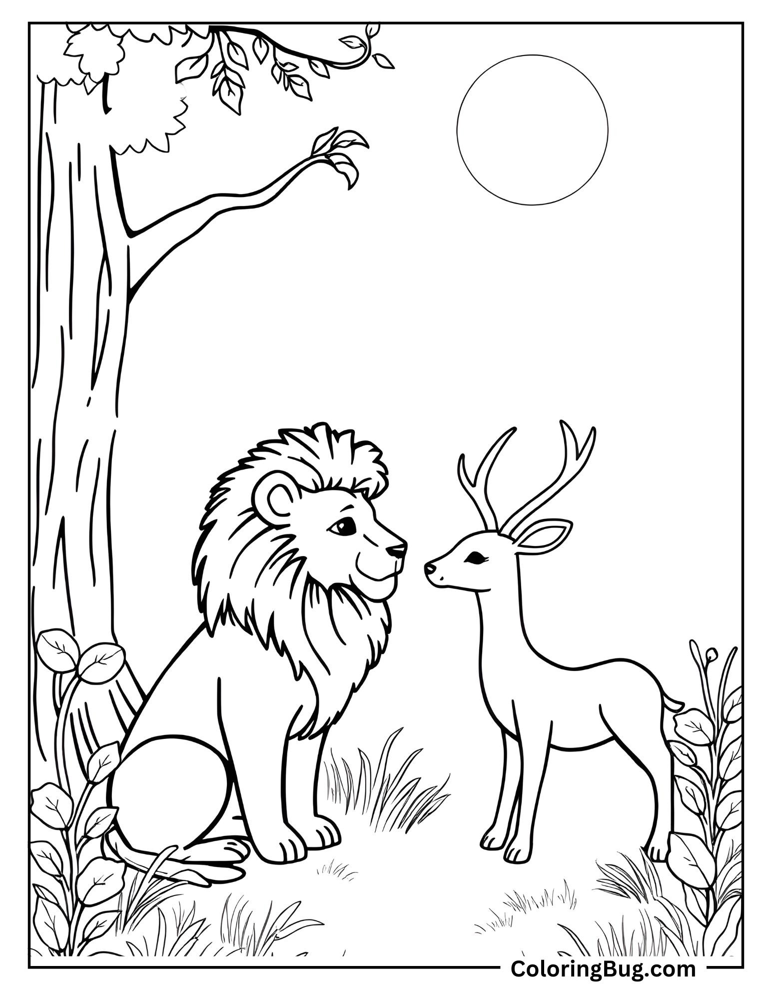 Lion Meeting Deer Coloring Sheet
