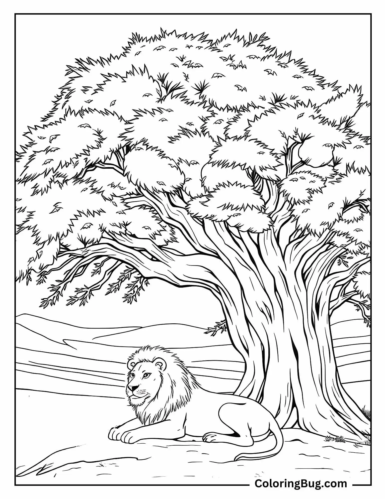 Lion Sitting Under Big Tree in Dessert Coloring Sheet