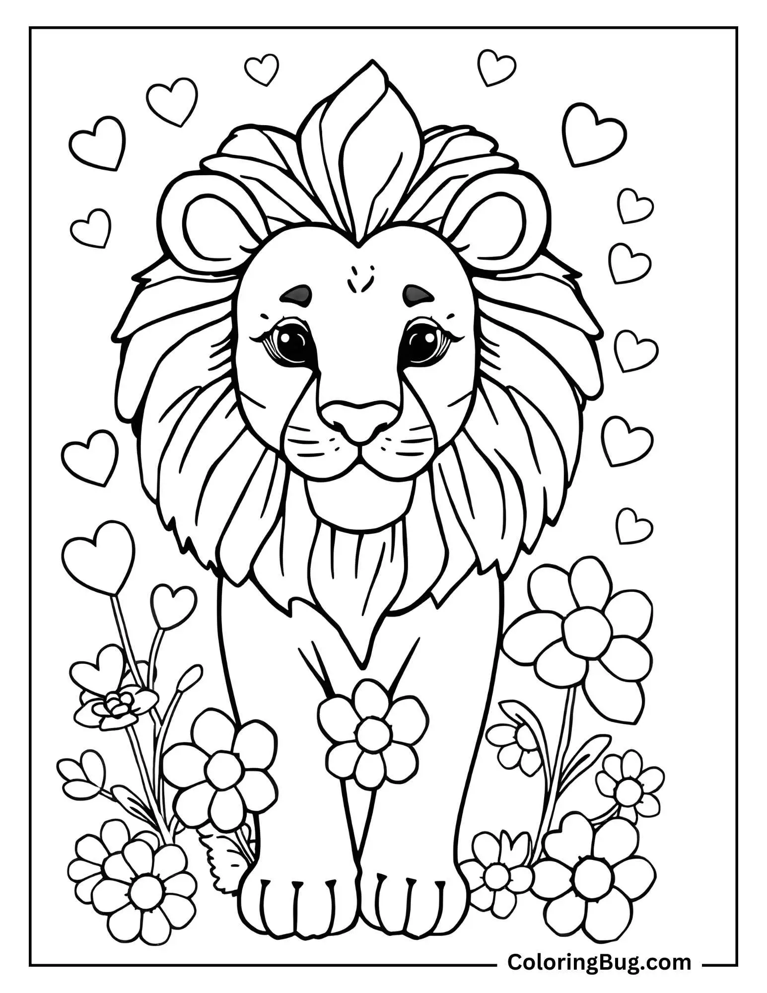 Lion With Hearts and Flowers Coloring Sheet