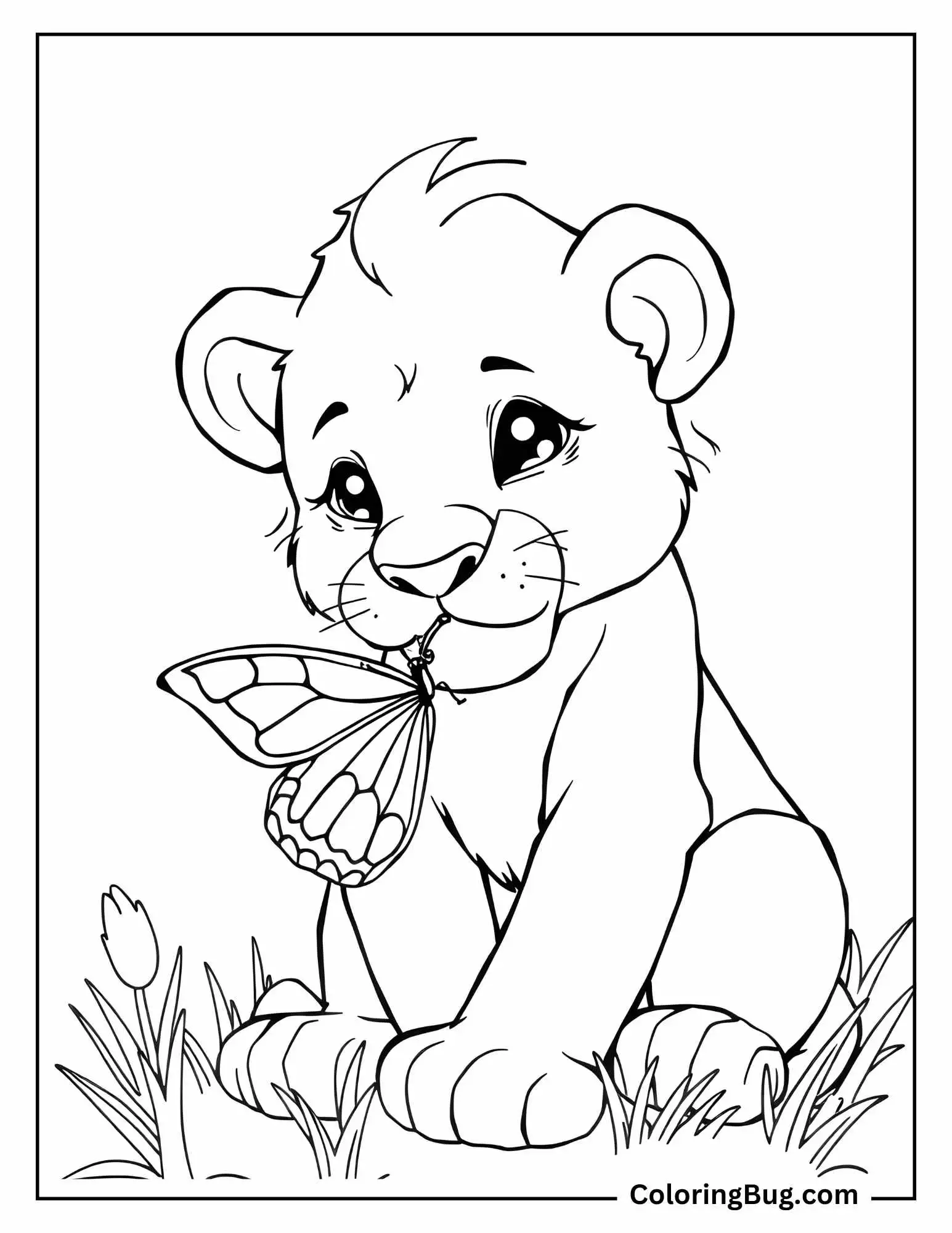 Lion's Cub Playing With Butterfly Coloring Sheet