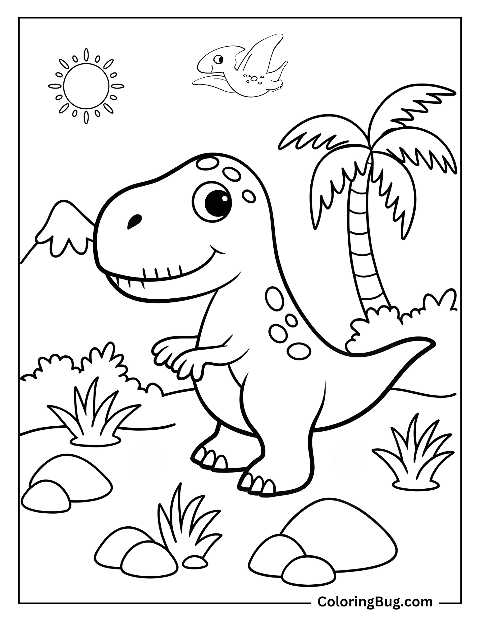 This coloring page features a delightful little baby T-Rex with a playful and friendly expression. The dinosaur stands in a prehistoric landscape, surrounded by fun details like a palm tree, rocks, bushes, and mountains. A smiling sun shines brightly in the sky, and a pterosaur flies overhead, adding more charm to the scene. The T-Rex has large, expressive eyes and small spots on its body, making it extra adorable for kids to color.