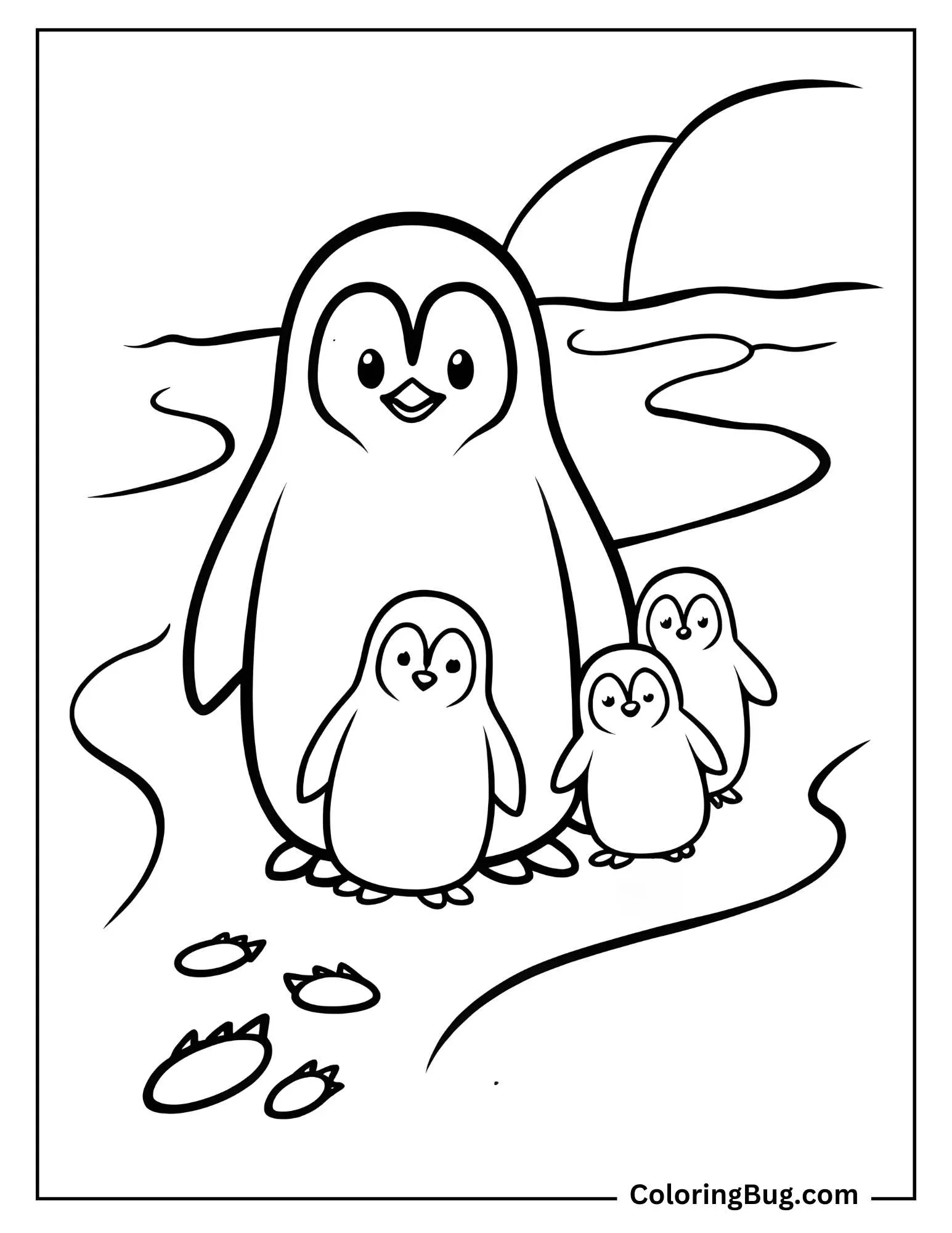 Mama Penguin And Her Chicks Coloring Sheet
