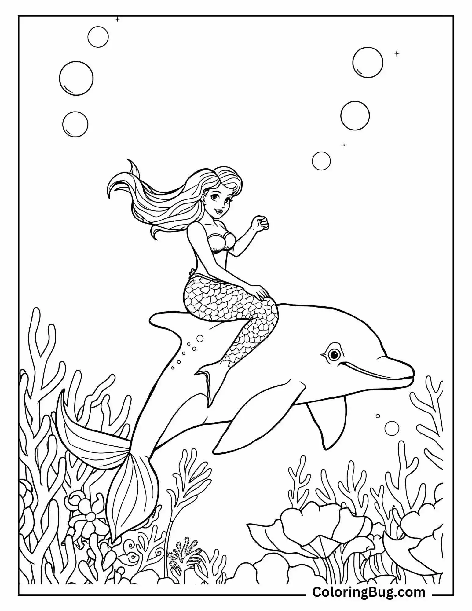 Mermaid Ridding on Dolphin Coloring Sheet