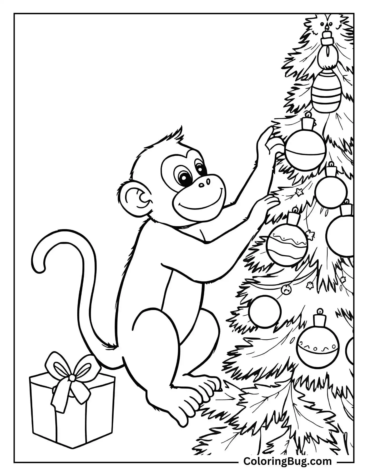Monkey Decorating a Christmas Tree Coloring Sheet