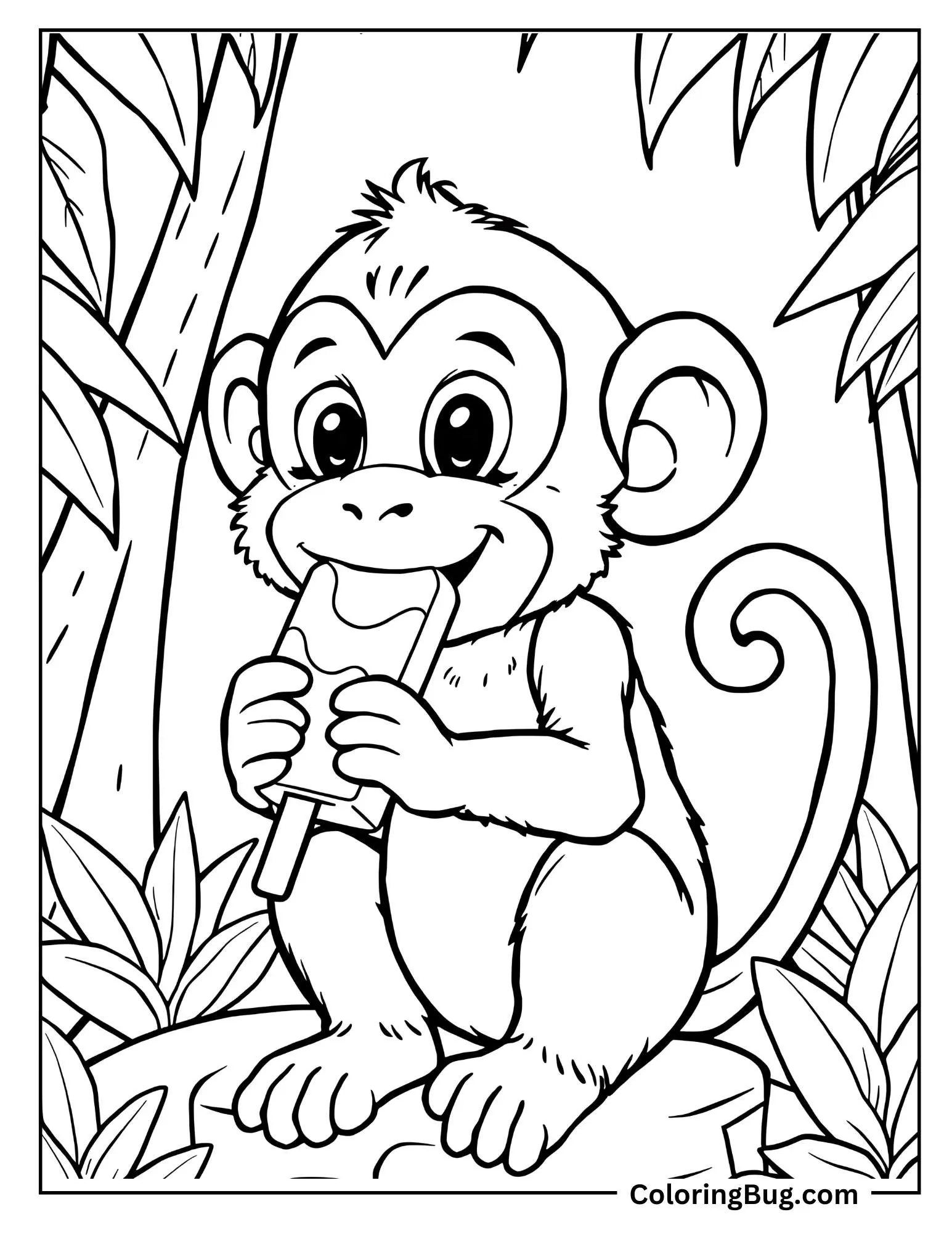 Monkey Eating a Popsicle on Hot Day Coloring Sheet