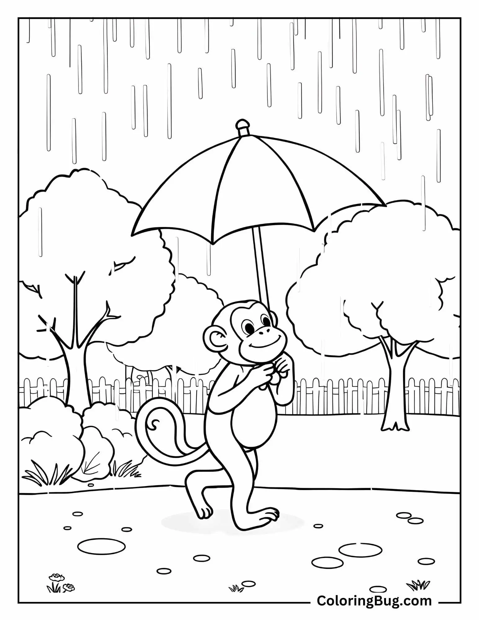 Monkey Holding Umbrella in Rain Walking Through Park Coloring Sheet