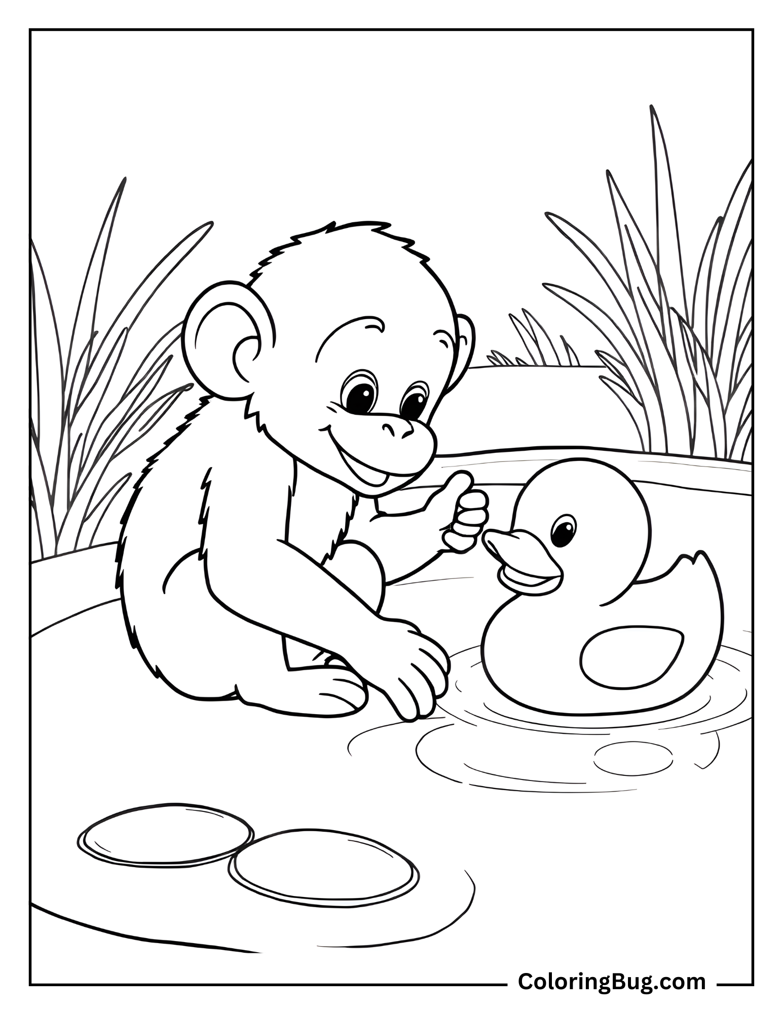 Monkey Playing With Duck in Pond Coloring Sheet