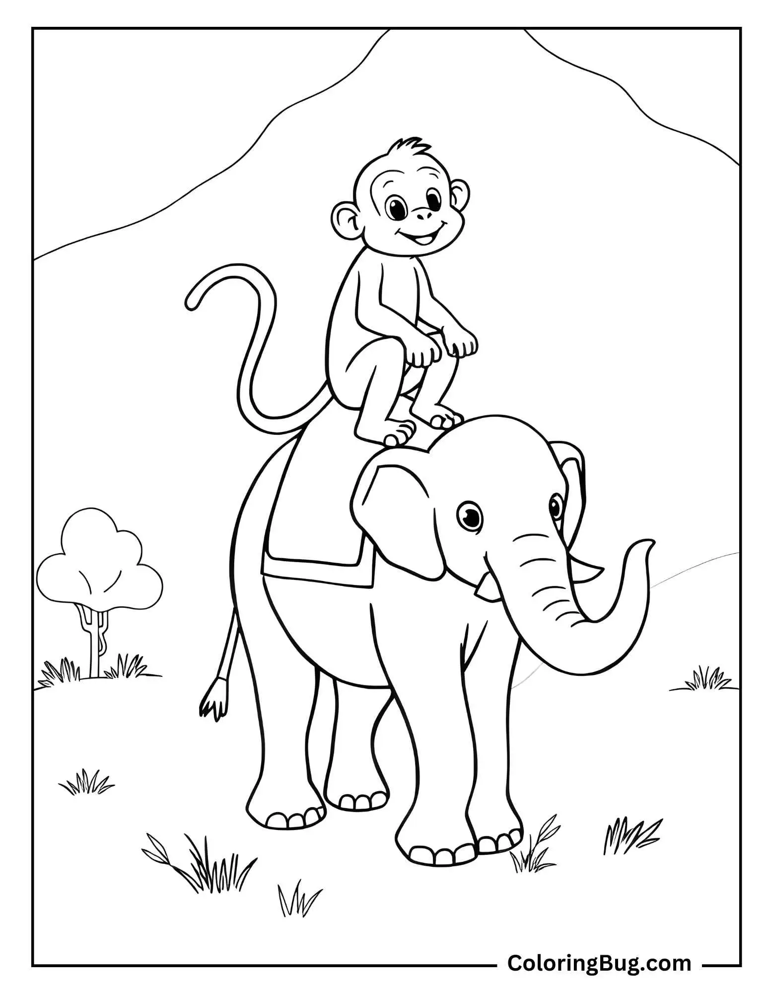 Monkey Ridding on Elephant Coloring Sheet