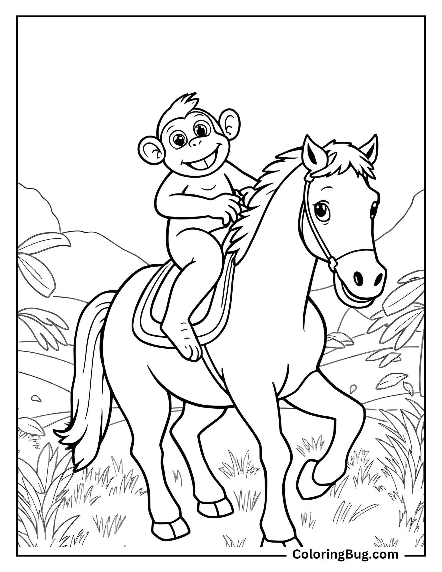 Monkey Ridding on Horse Coloring Sheet