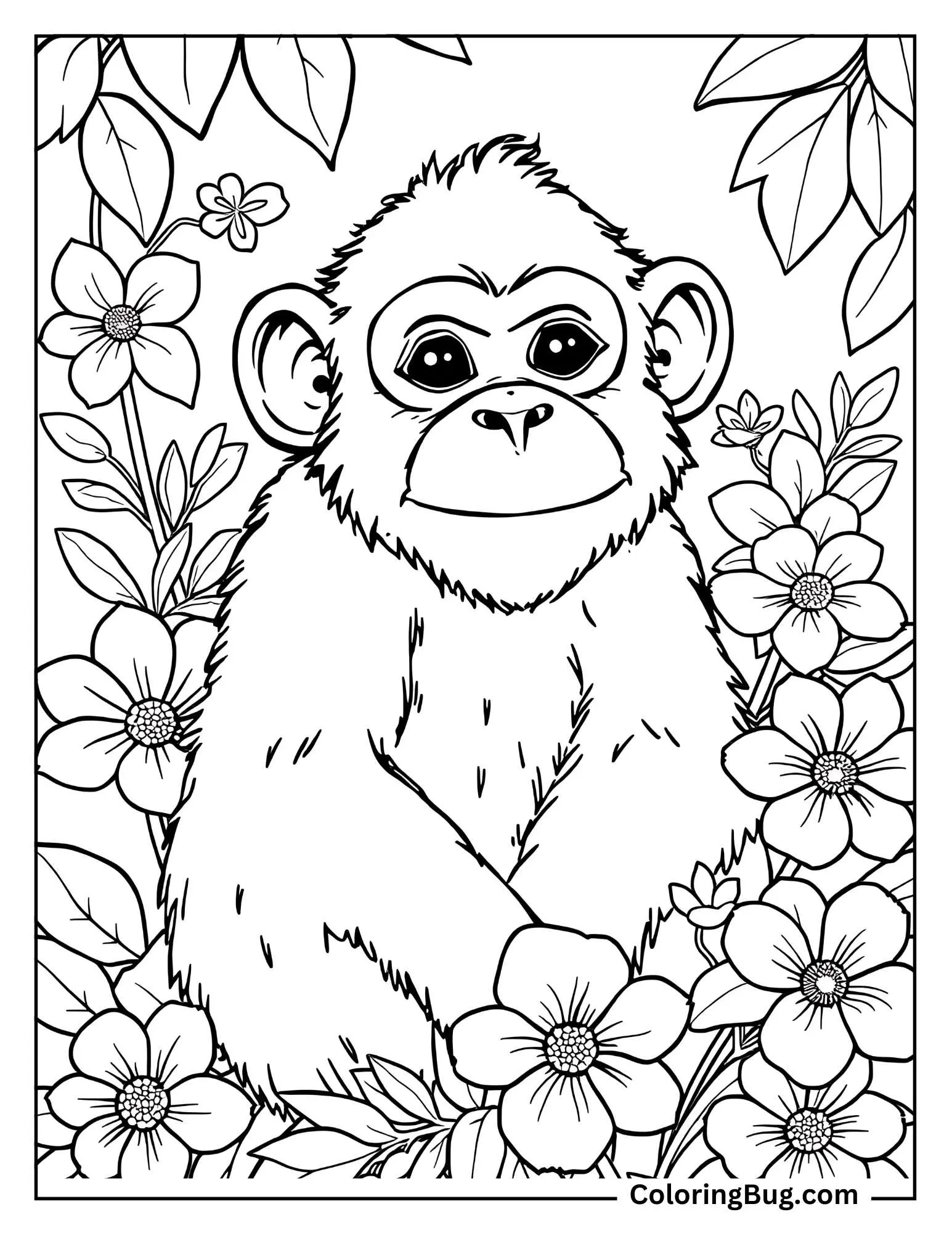Monkey Sitting in Flower Coloring Sheet