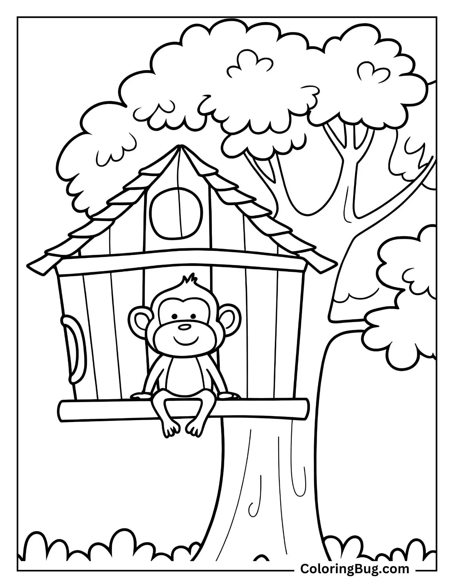 Monkey Sitting in Tree House coloring sheet