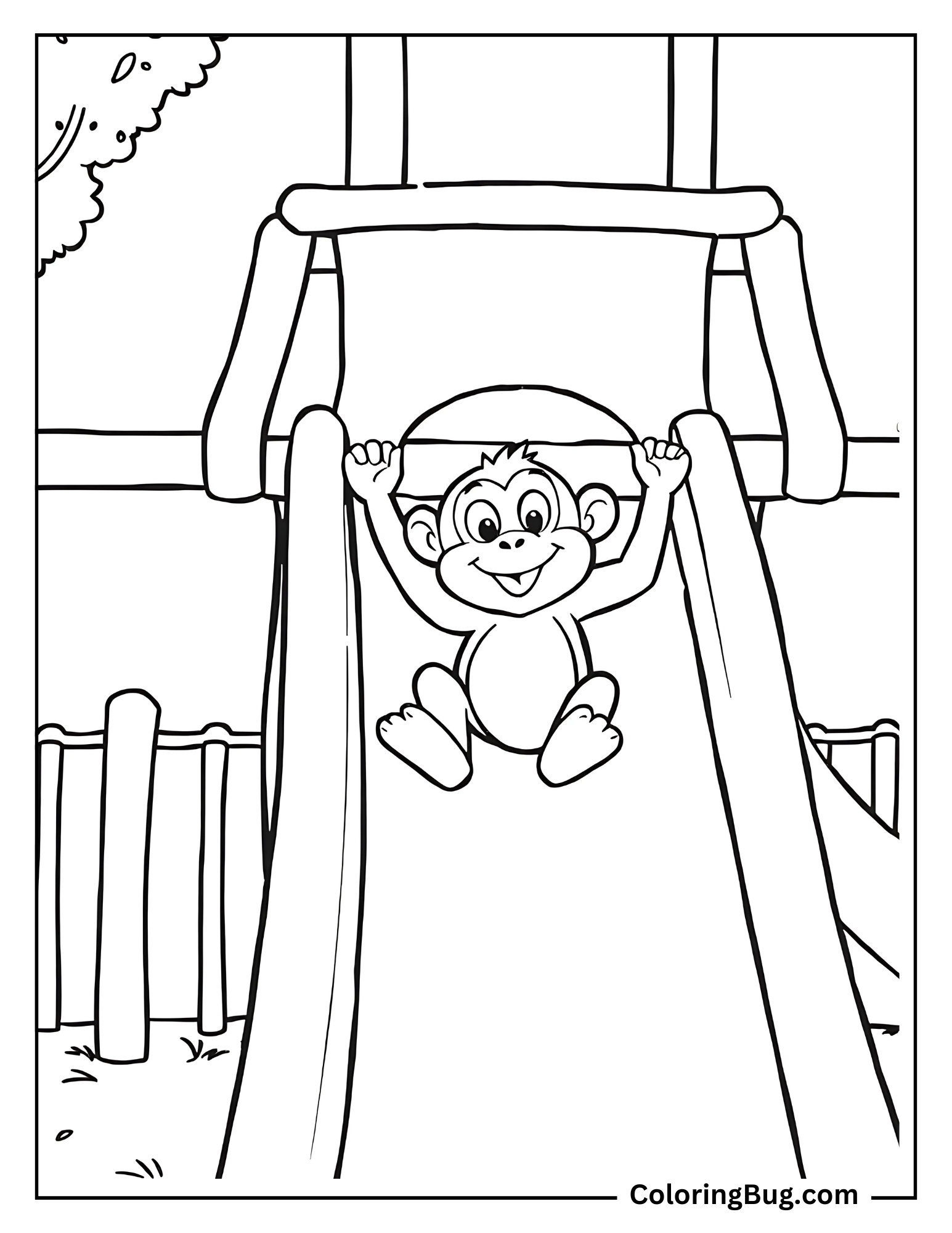 Monkey Sliding Down a Slide at Playground Coloring Sheet