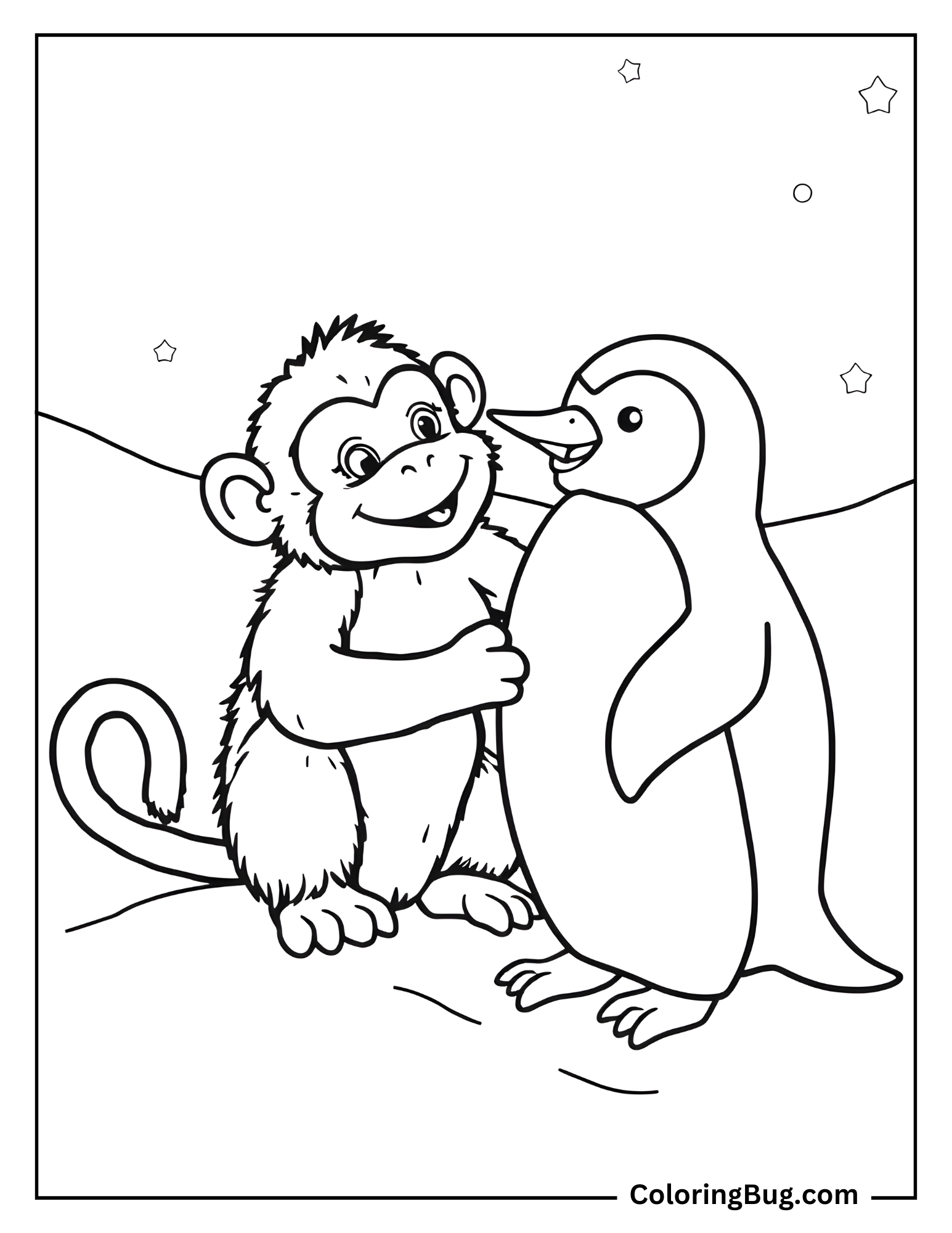 Monkey With Penguin Coloring Sheet