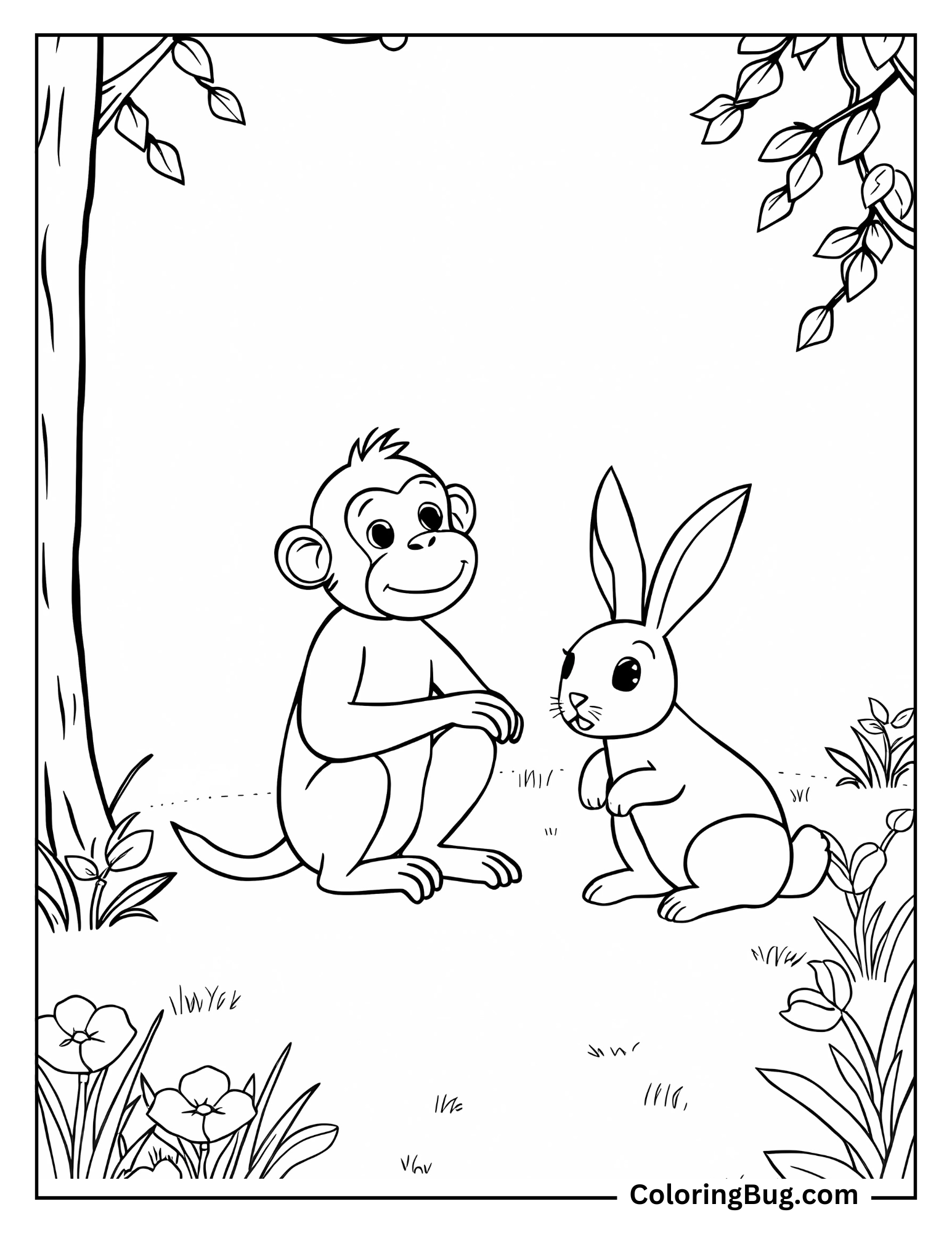 Monkey With Rabbit in Park Coloring Sheet
