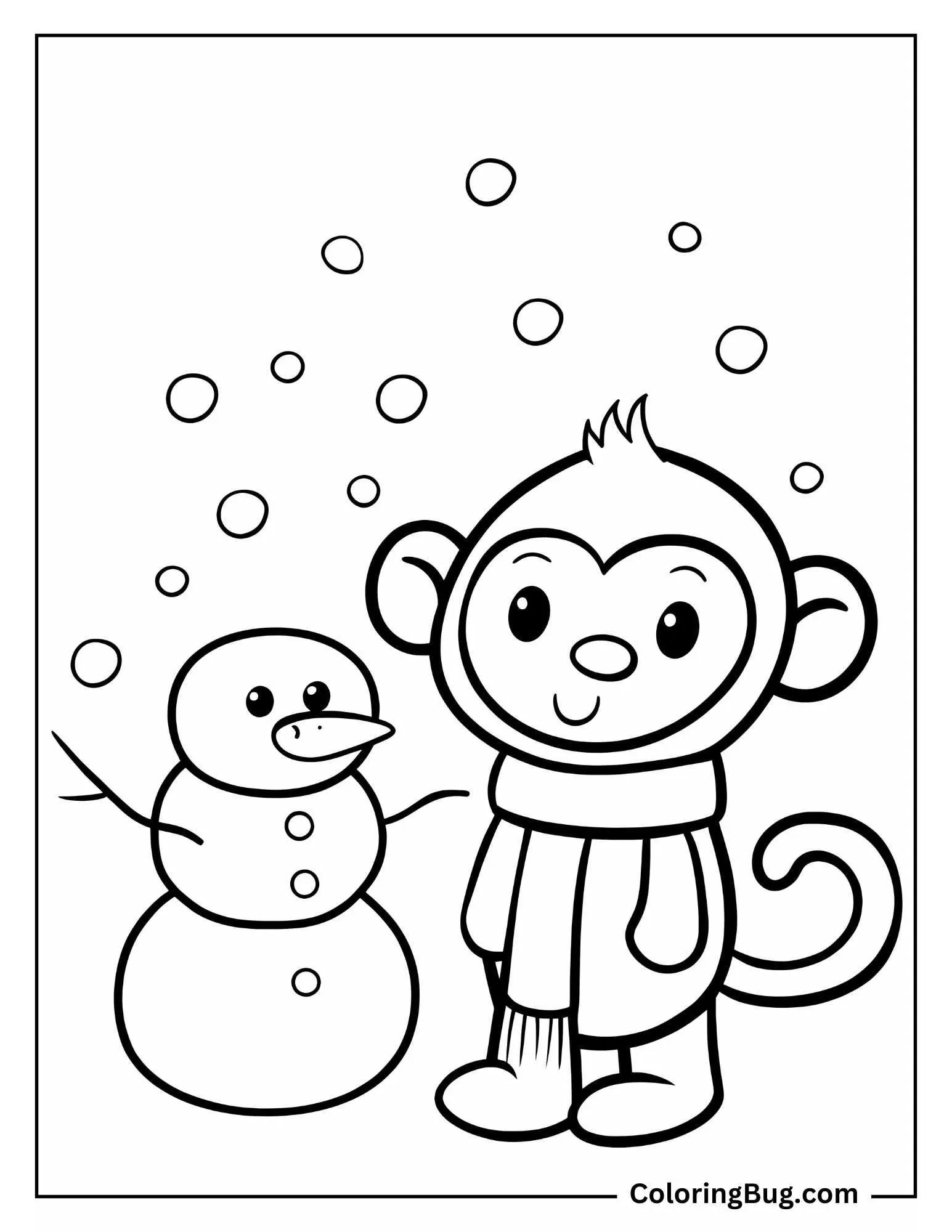 Monkey With Snowman coloring Sheet