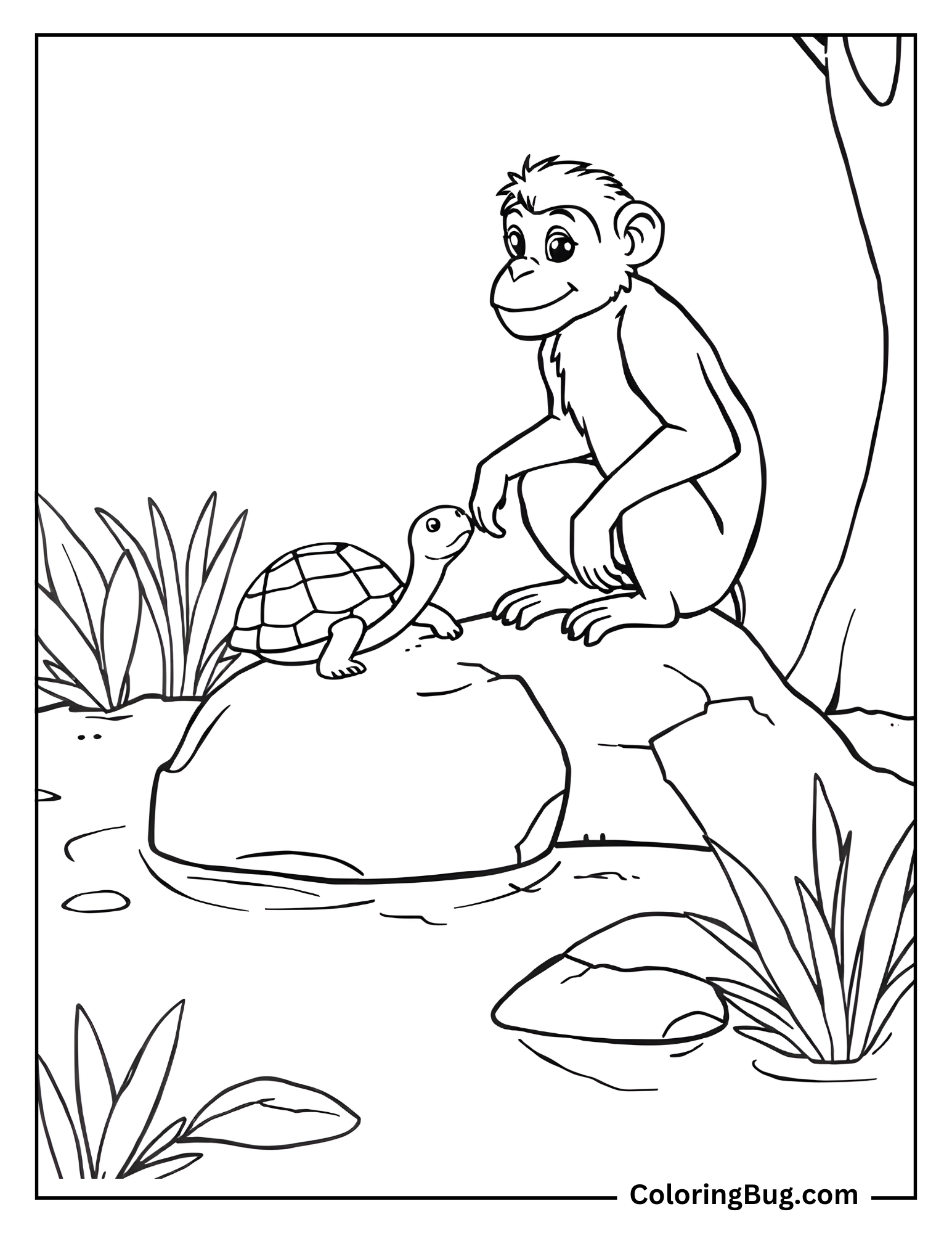Monkey With Turtle Coloring Sheet