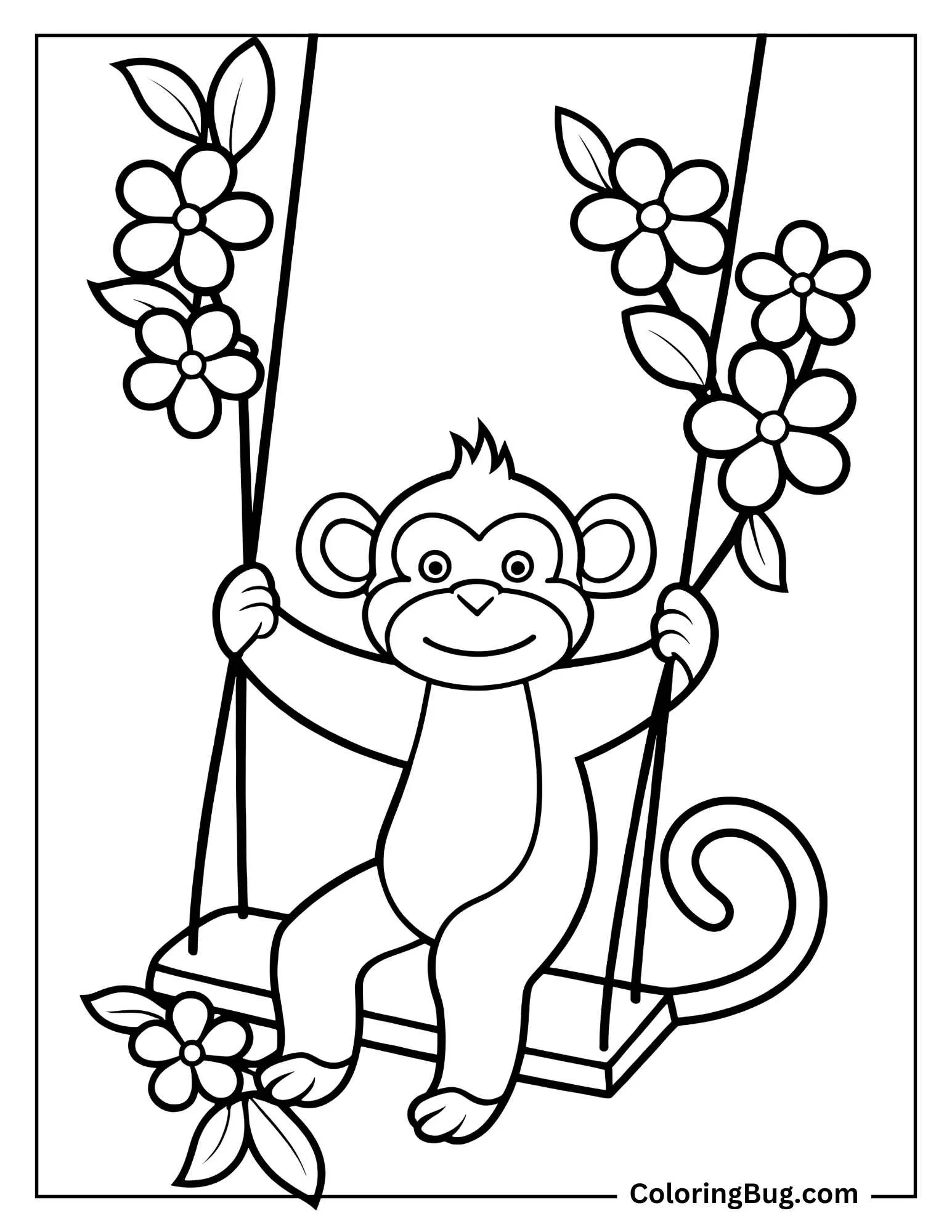 Monkey on a Swing With Flowers coloring Sheet