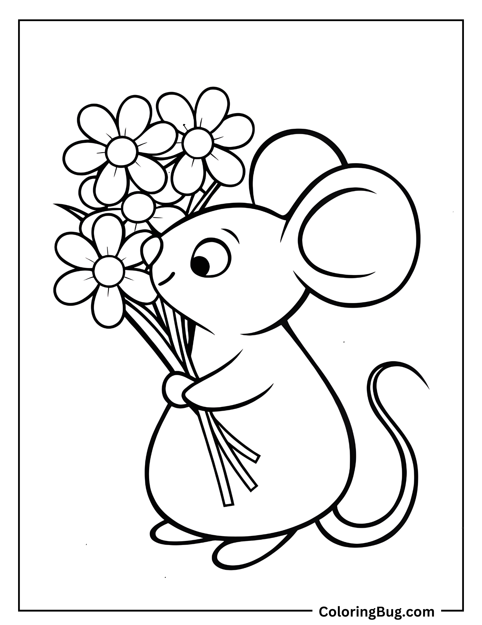 Mouse Carrying Flower Bouquet Coloring Sheet