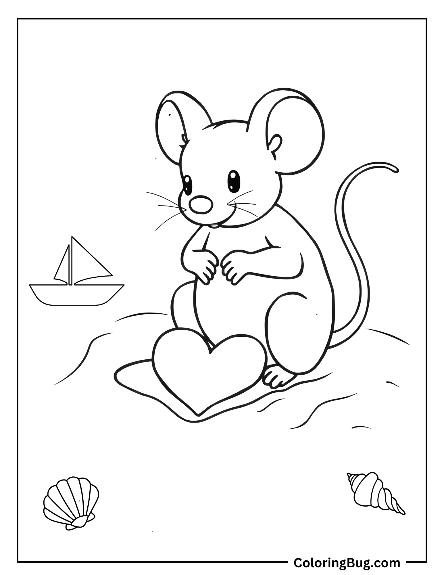 Mouse Drawing Heart In The Sand Coloring Sheet