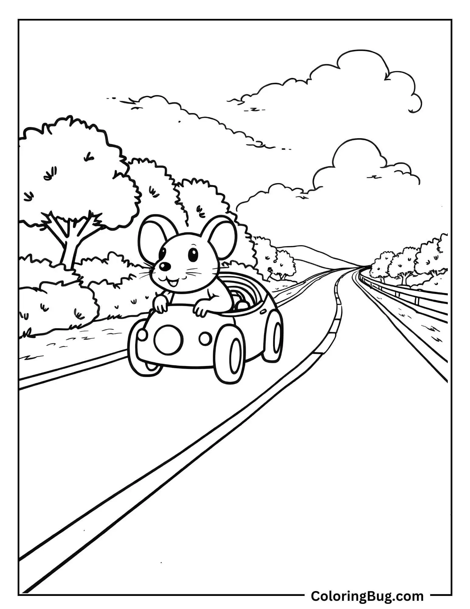 Mouse Enjoying Road Trip Coloring Sheet