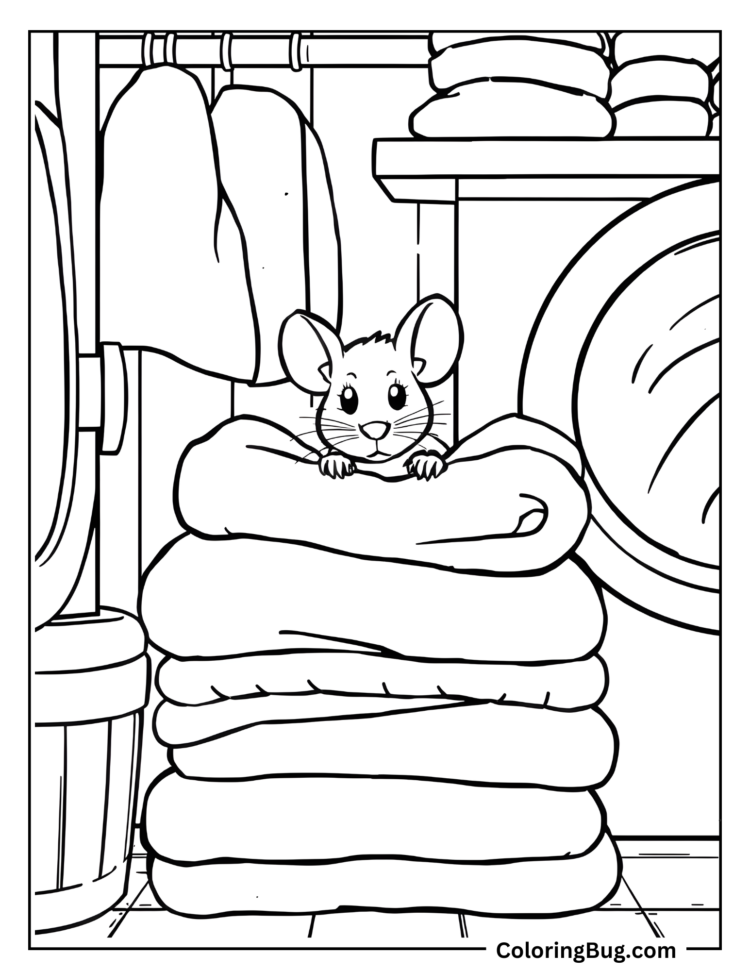 Mouse Hiding Inside Towels In Laundry Coloring Sheet