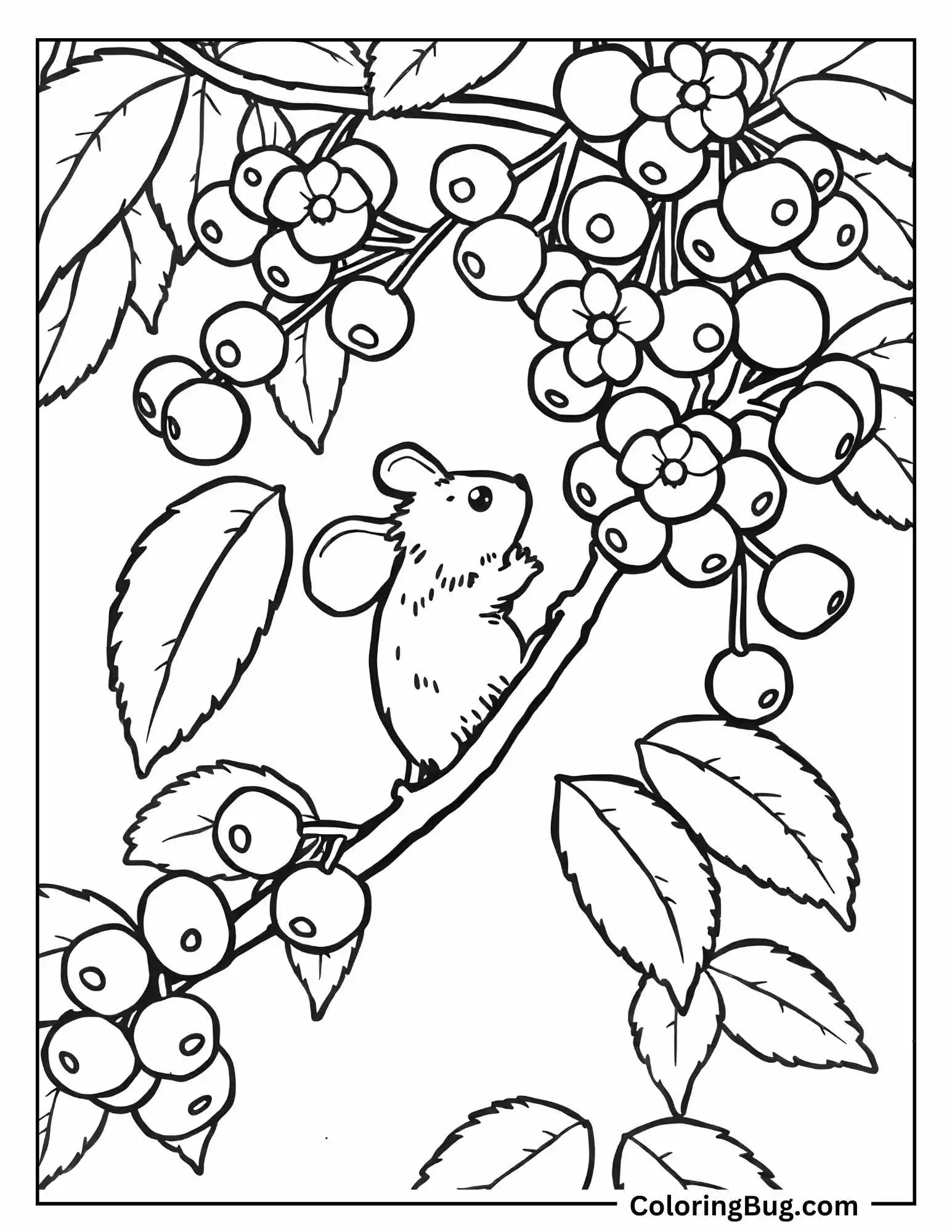 Mouse In Berry Tree Coloring Sheet