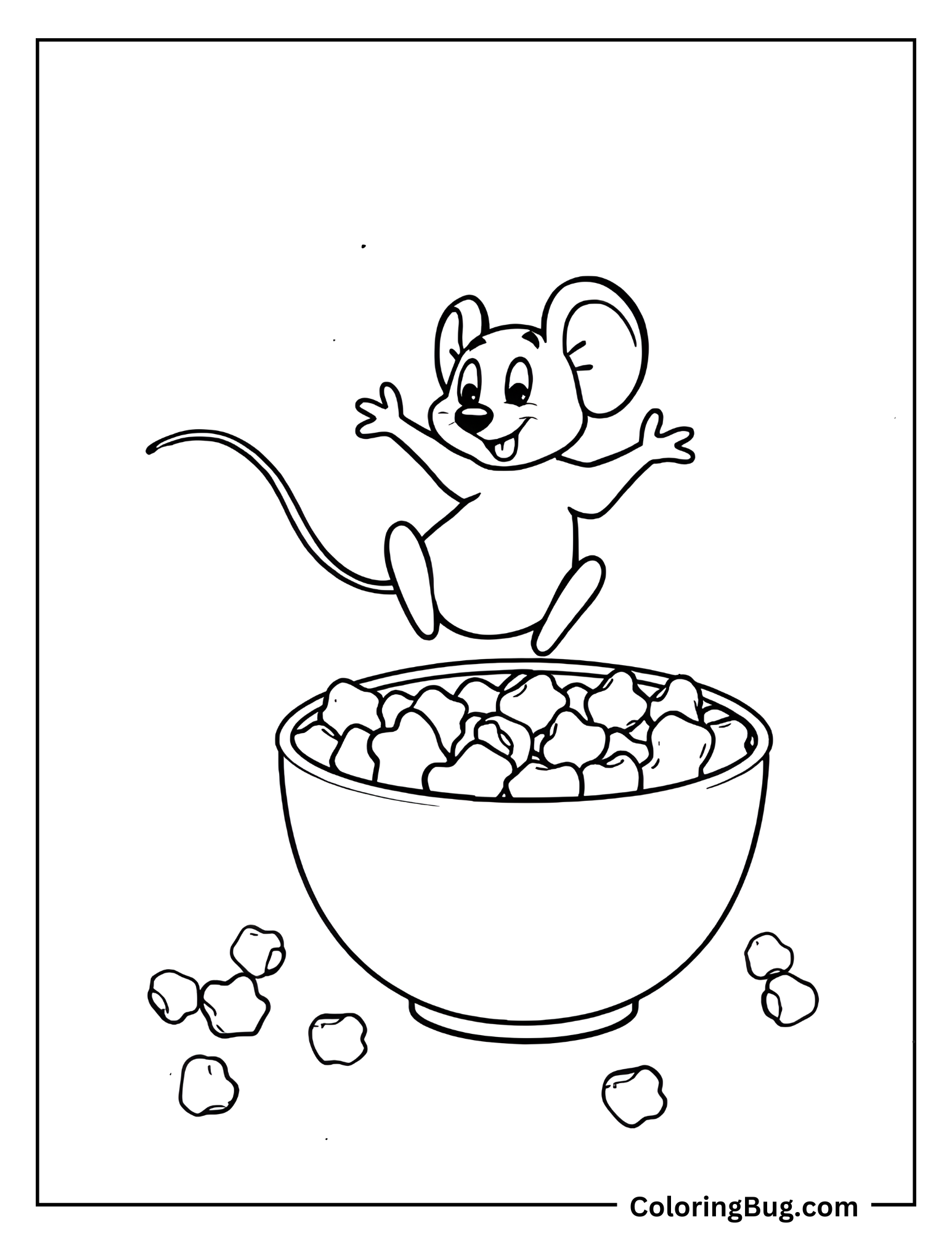 Mouse Jumping In The Bowl Of Popcorn Coloring Sheet