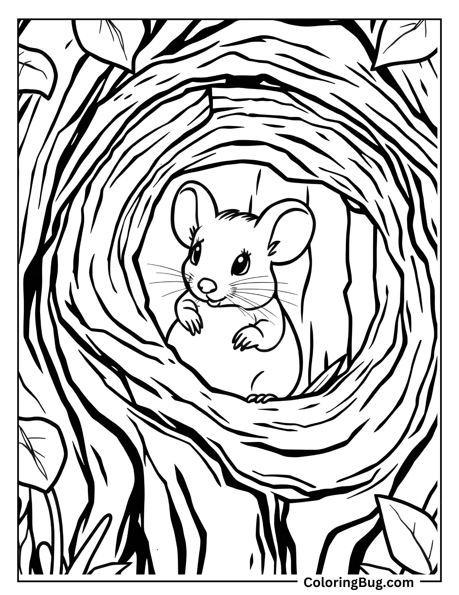 Mouse Peeking From Inside The Tree Hole Coloring Sheet