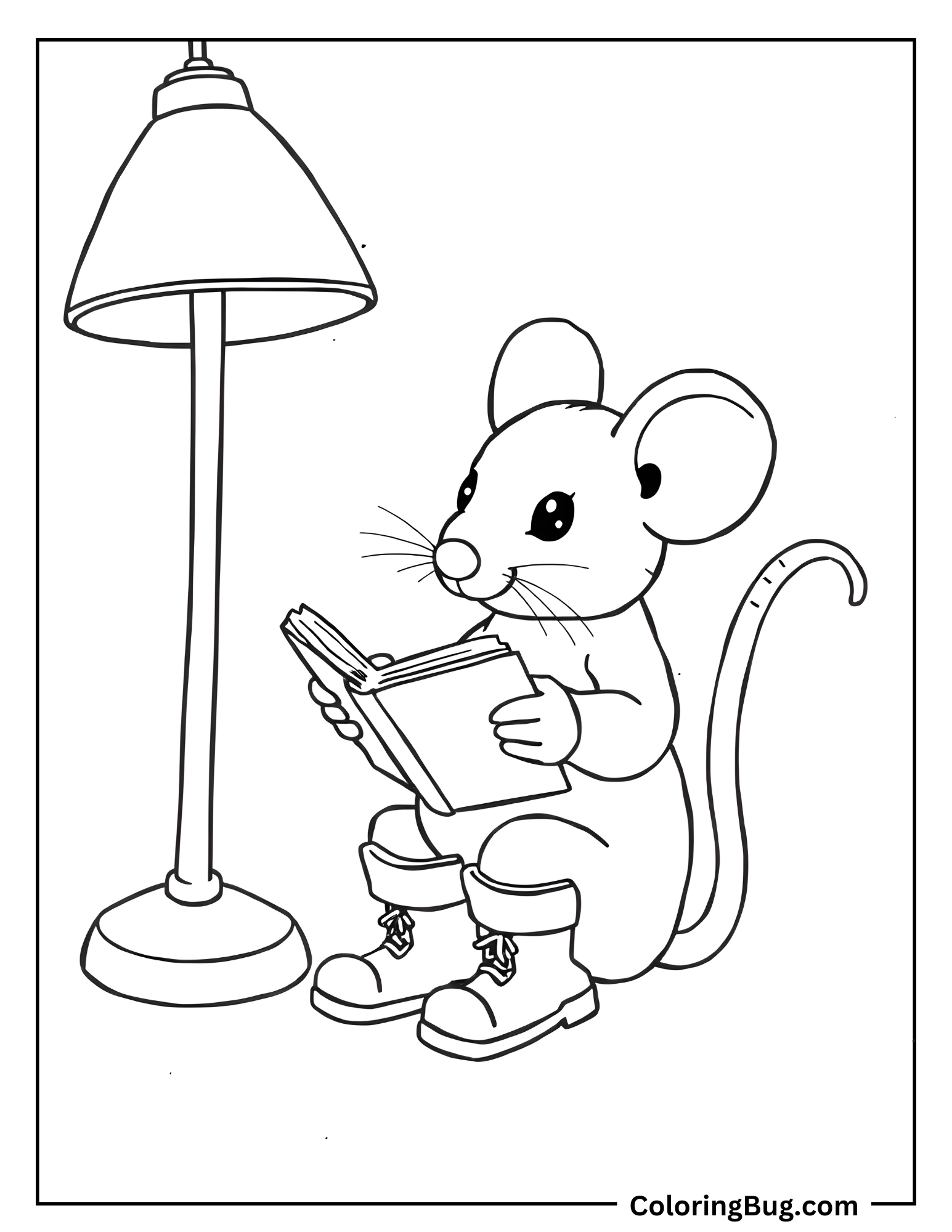 Mouse Reading Book Under Lamp Coloring Sheet