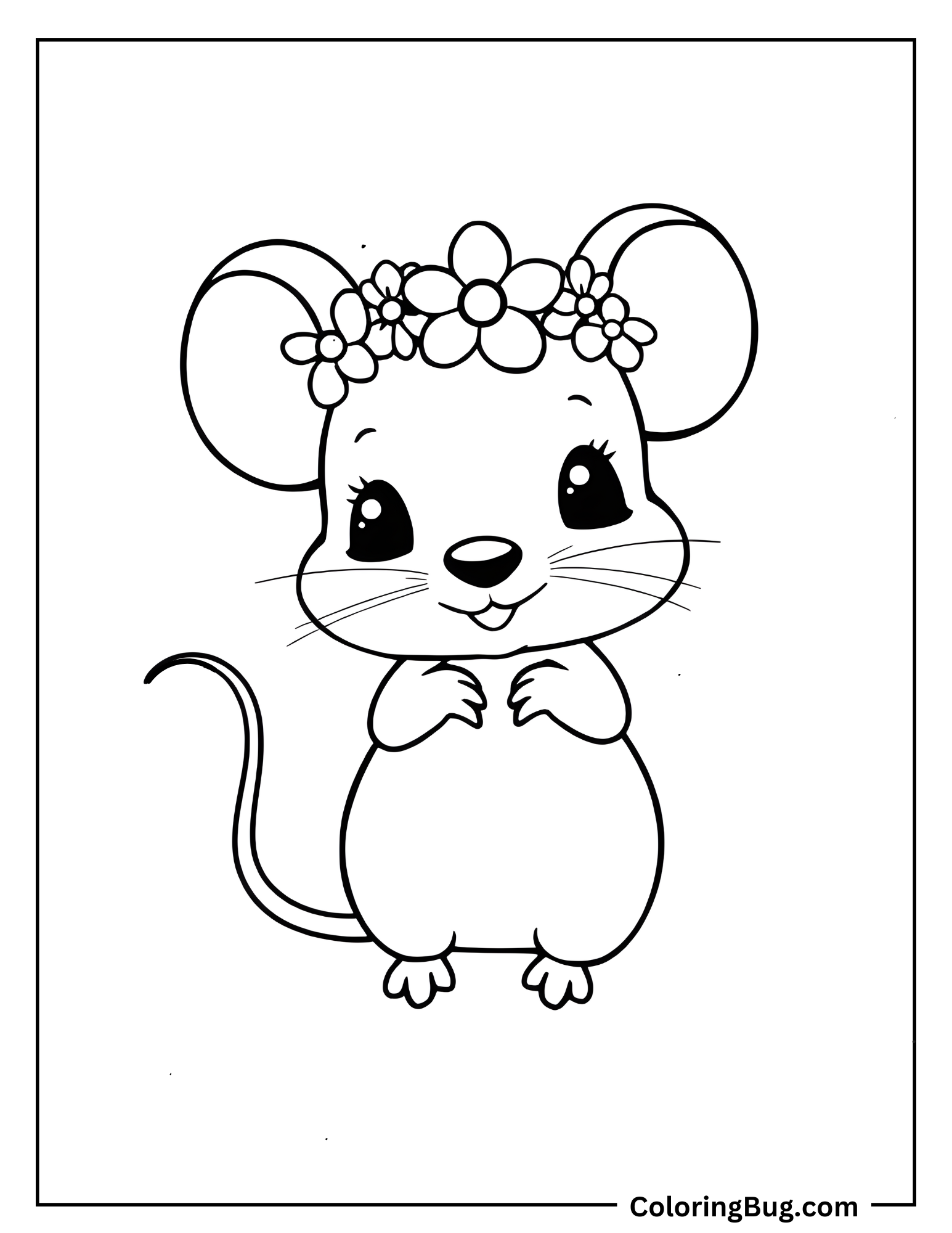 Mouse Wearing Flower Crown Coloring Sheet