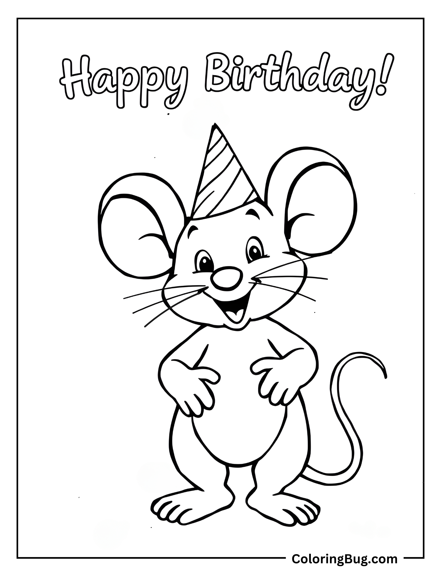 Mouse With Happy Birthday Text Coloring Sheet