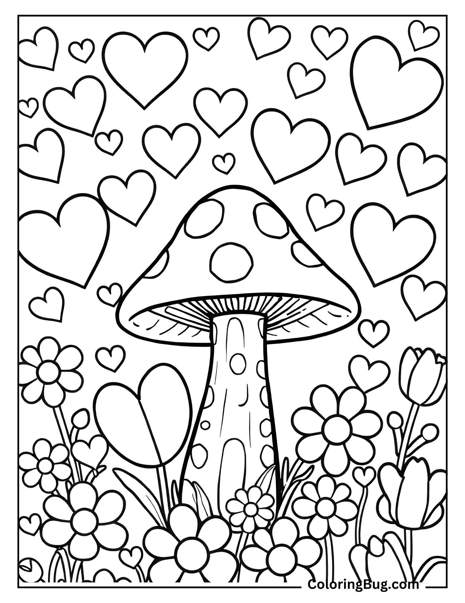 Mushroom With Hearts and Flowers Coloring Sheet
