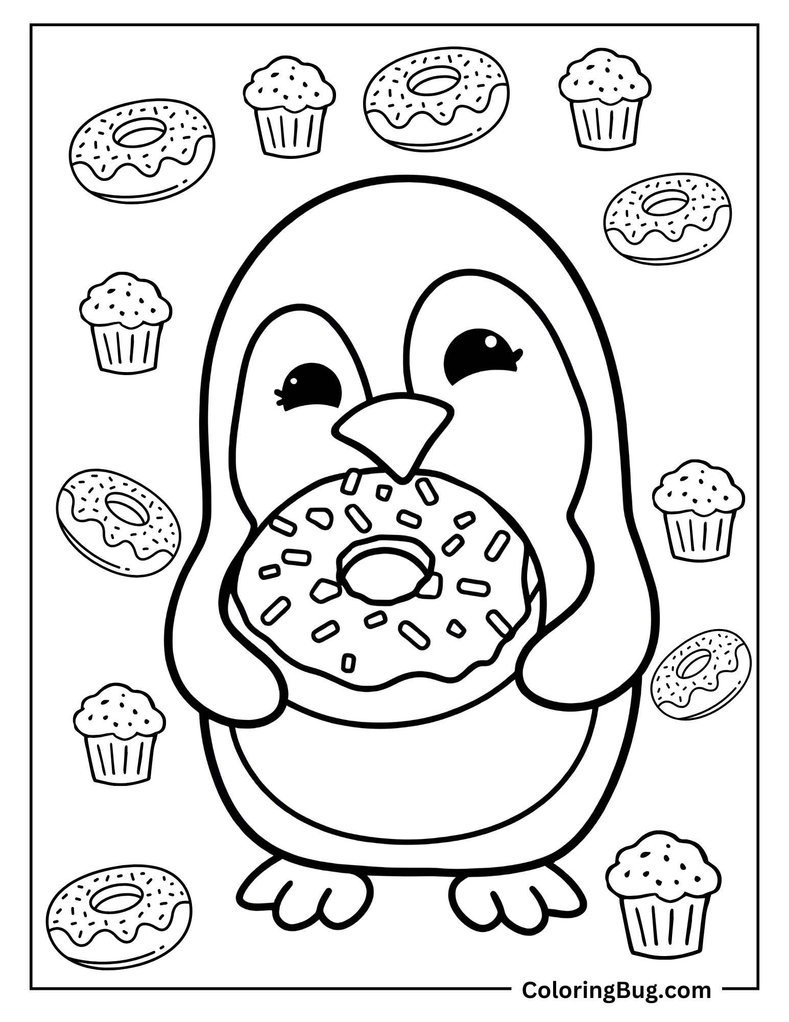 Penguin Eating Donut Coloring Sheet
