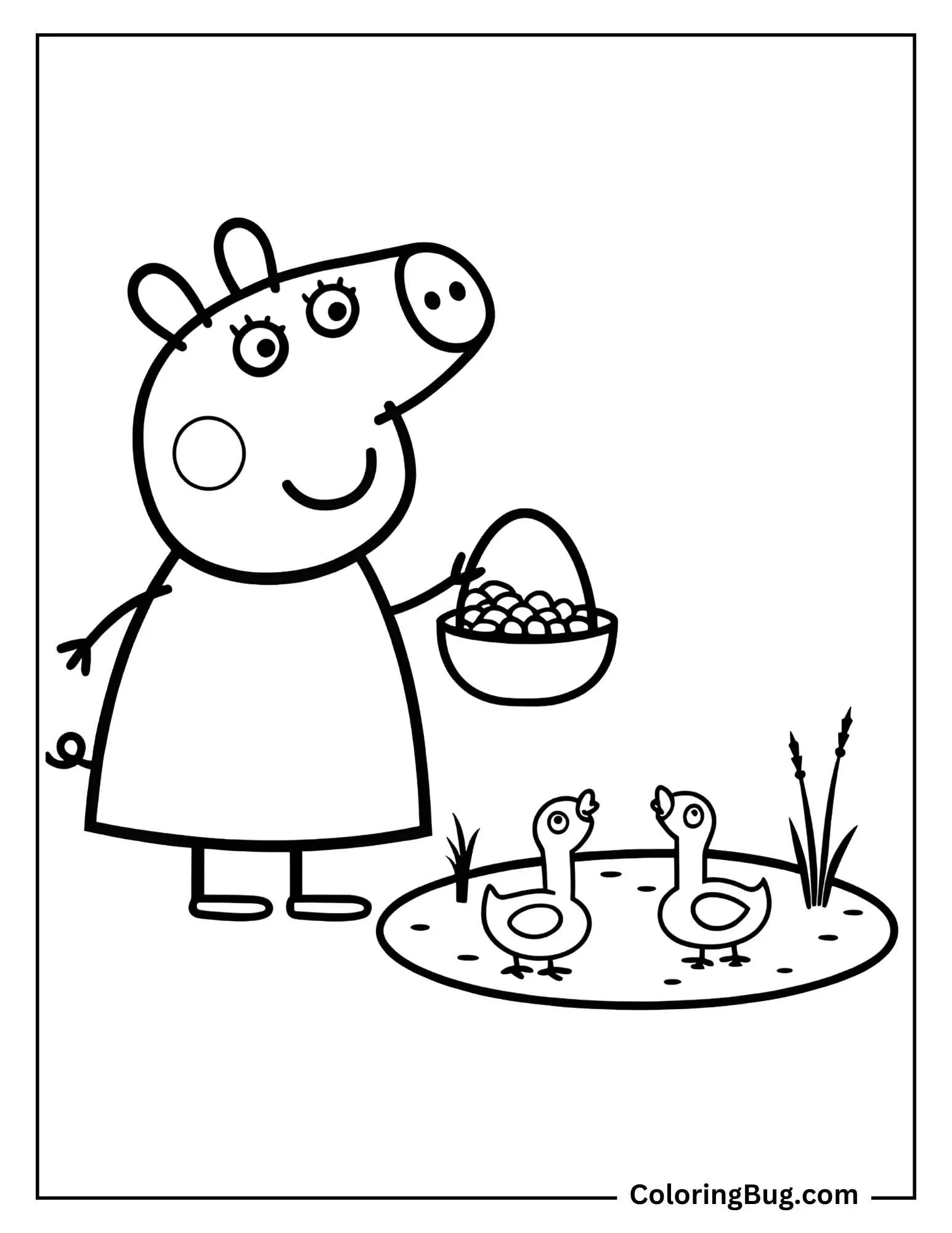 Peppa Pig Feeding Ducks at Pond Coloring Page