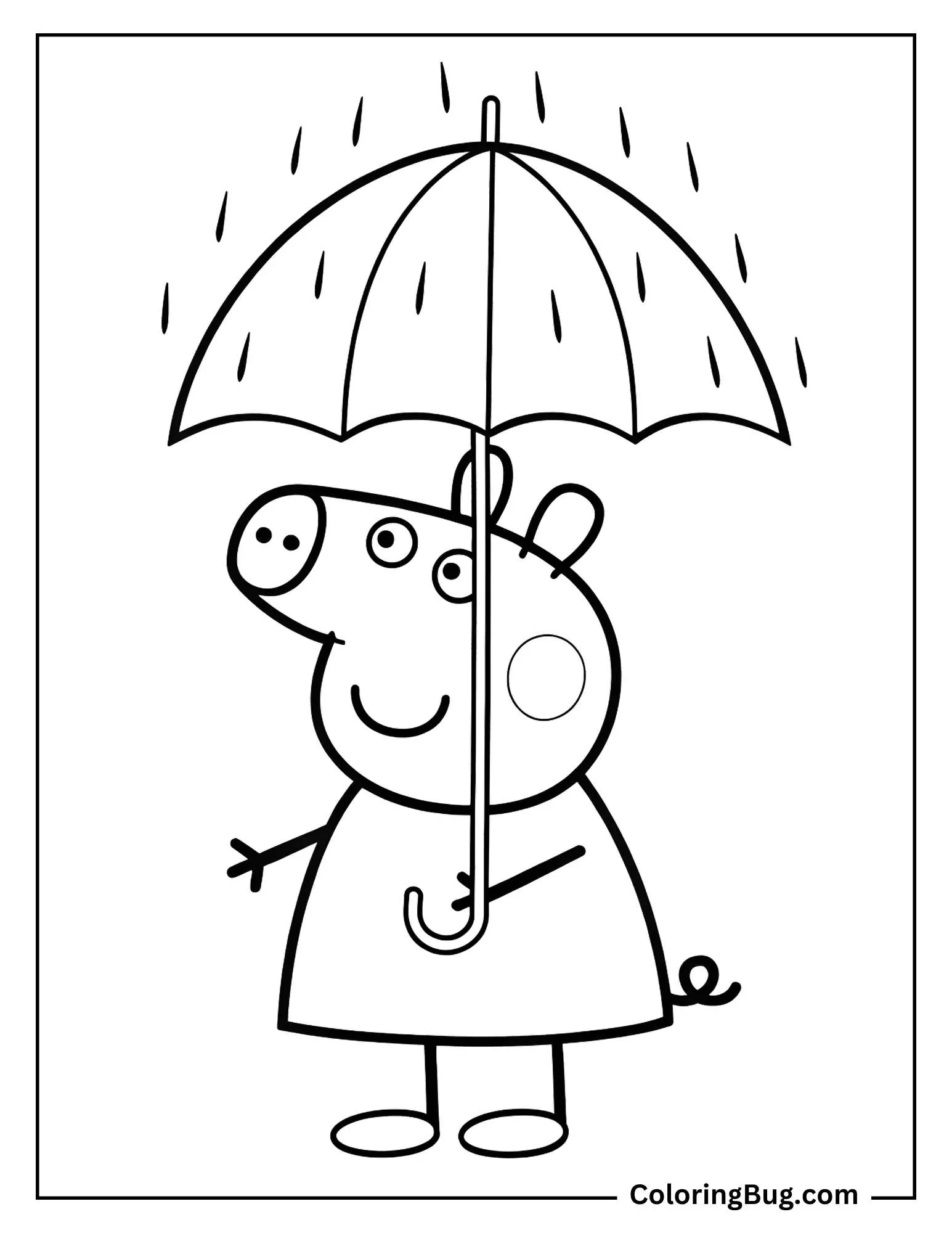 Peppa Pig Holding Umbrella in Rain Coloring Page