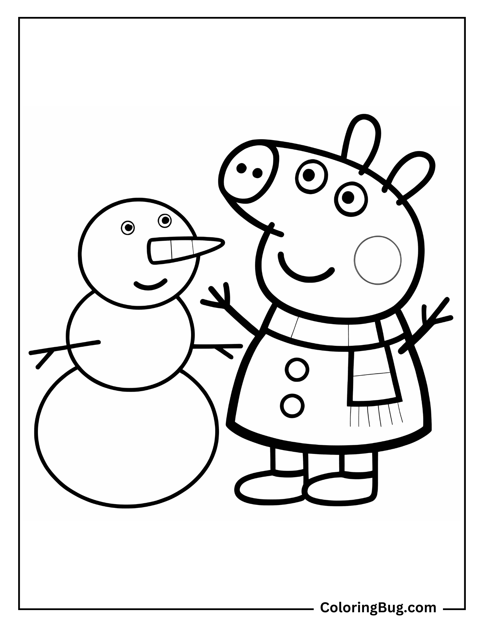 Peppa Pig Wearing Scarf with Snowman Coloring Page
