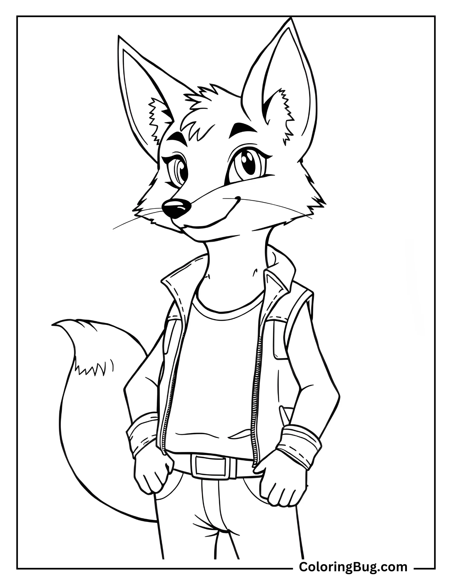 Punk Cartoon Fox Wearing Vest Coloring Sheet