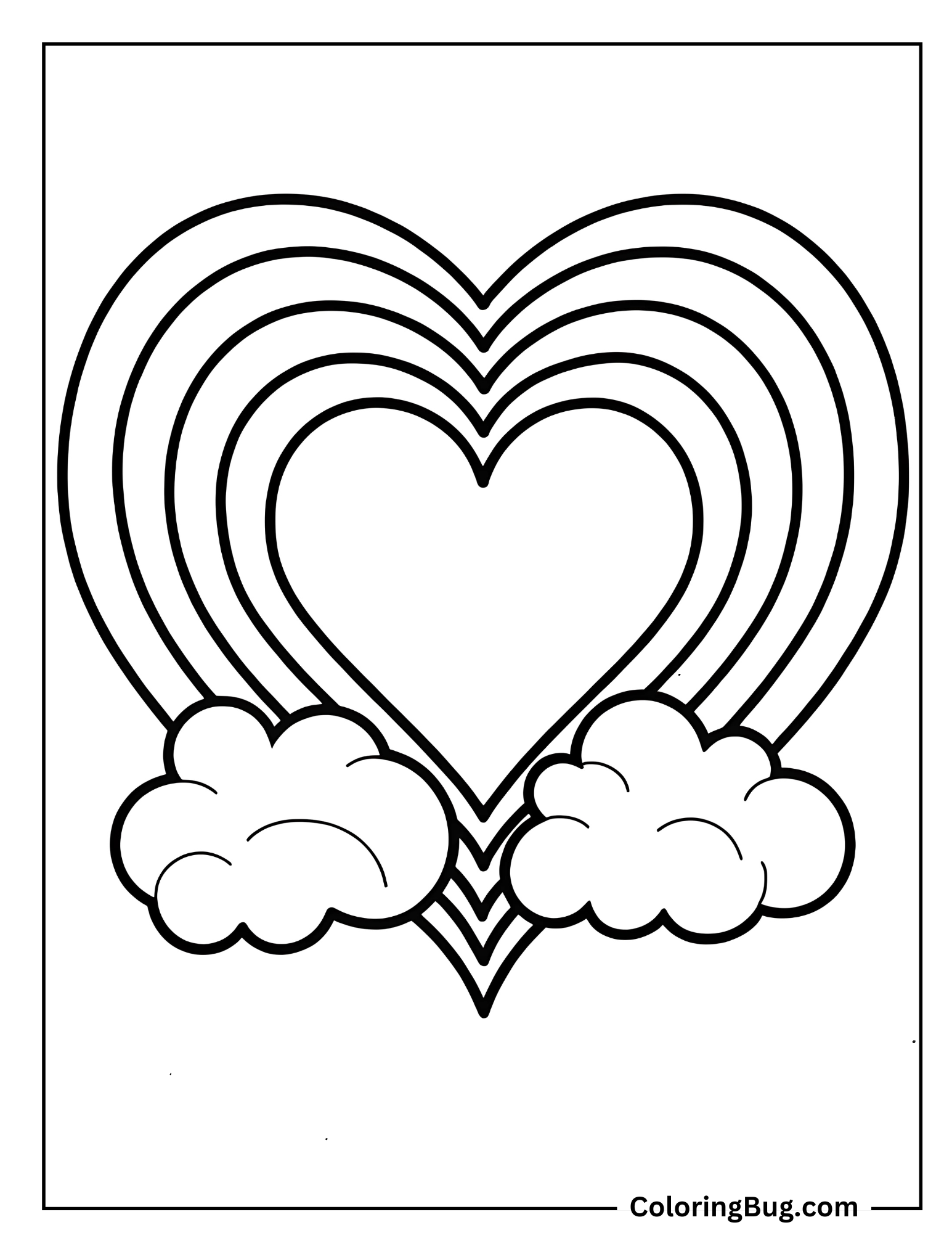 Rainbow Heart With Clouds Coloring Sheet 