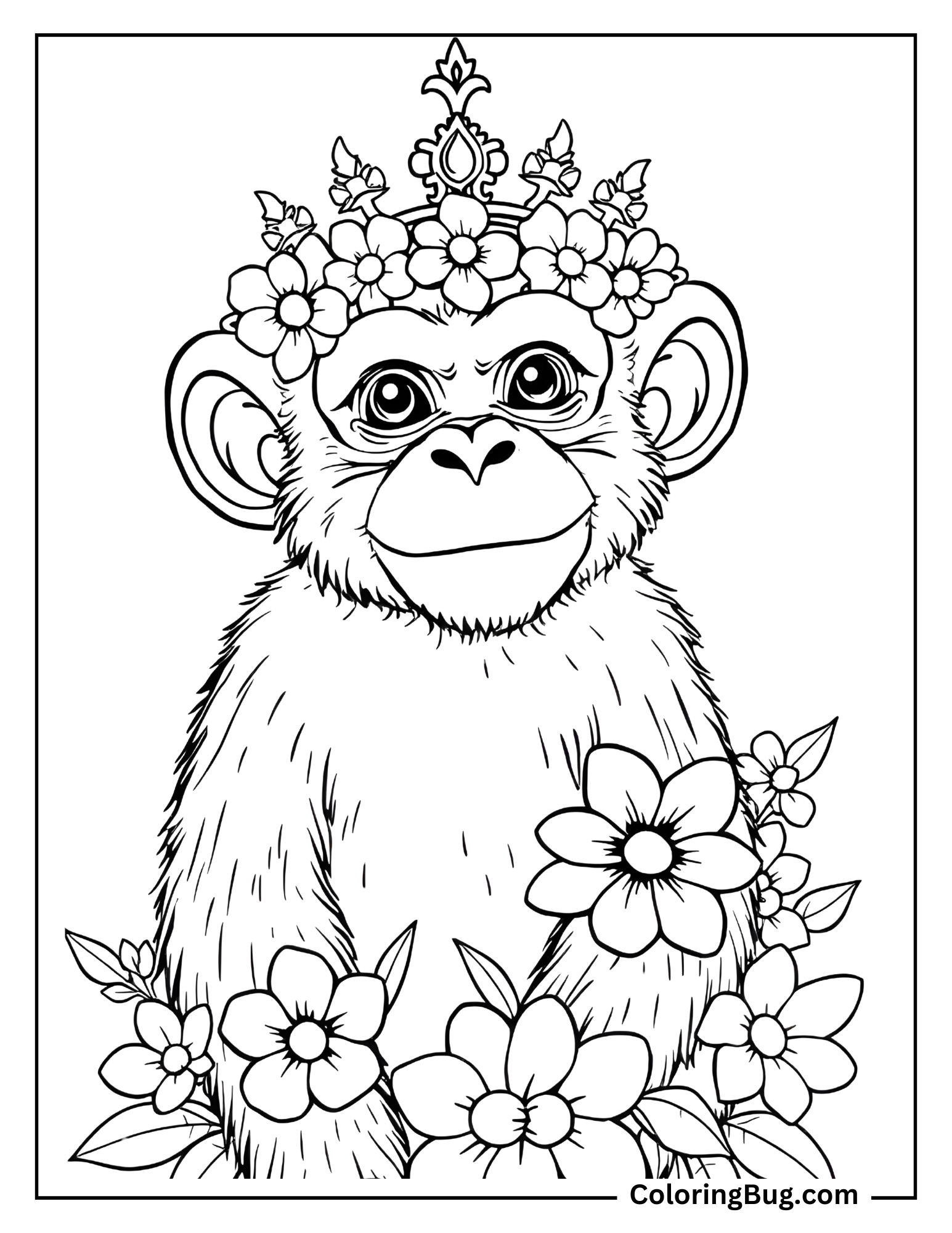 Realistic Monkey Wearing Flowers Crown Coloring Sheet