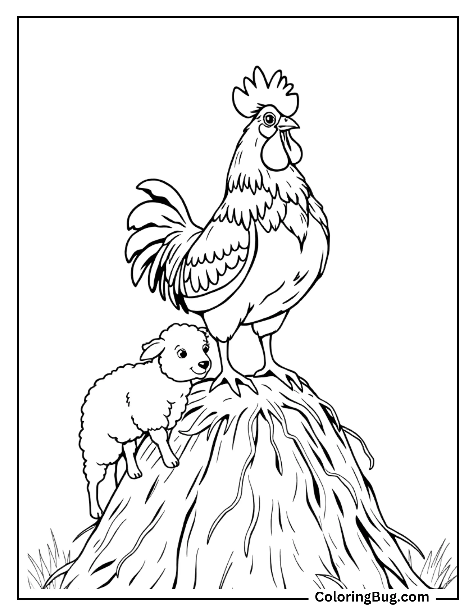 Rooster And Baby Sheep On HayStack Coloring Sheet