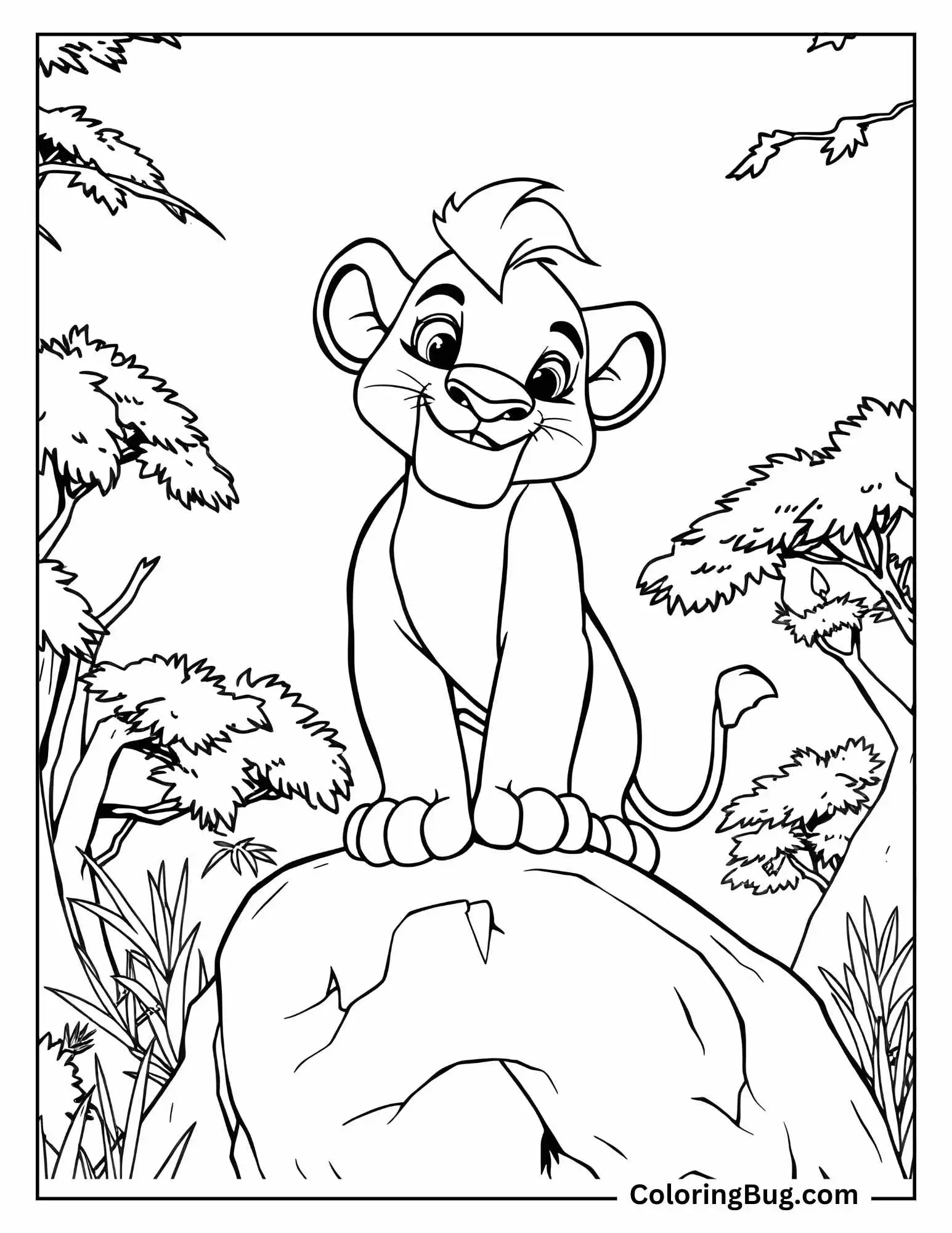 Simba Standing On Pride Rock Coloring Sheet